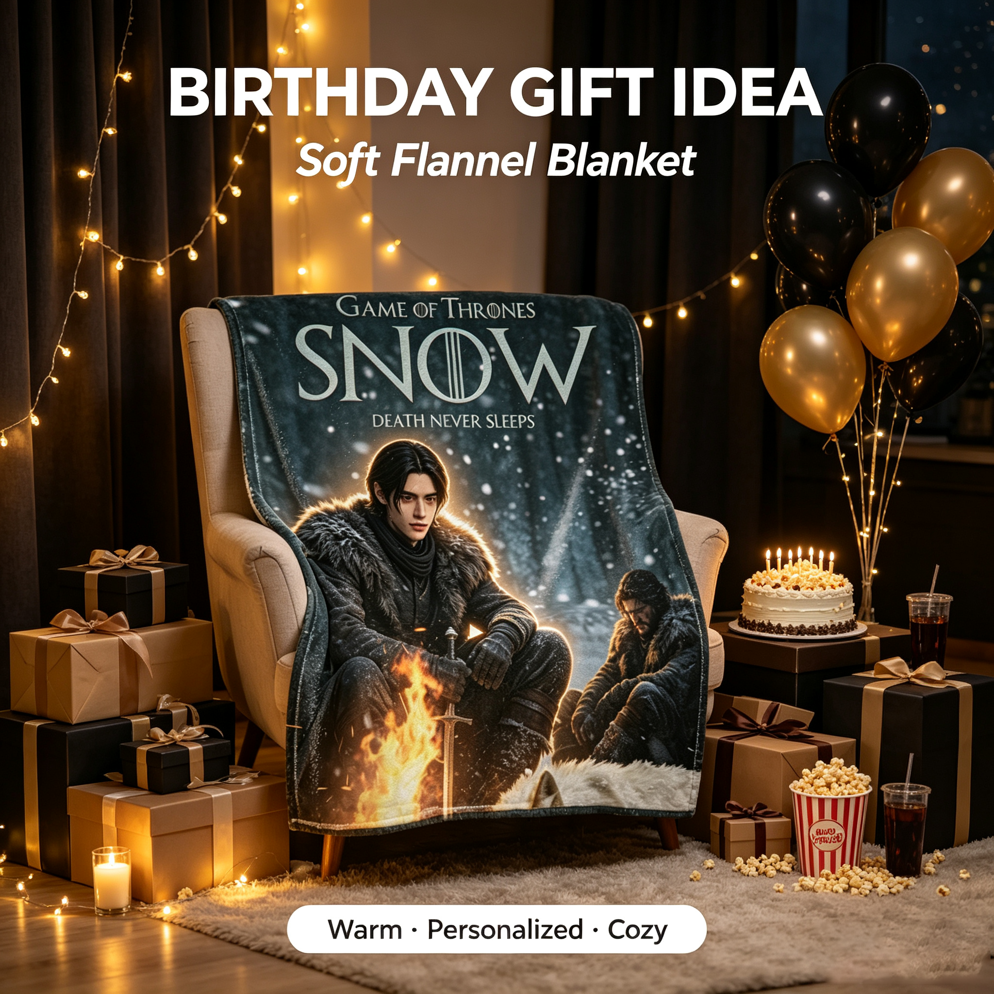 Custom Face Blanket Game of Thrones Snow Flannel Blanket Winter Campfire Scene Gift for Fans