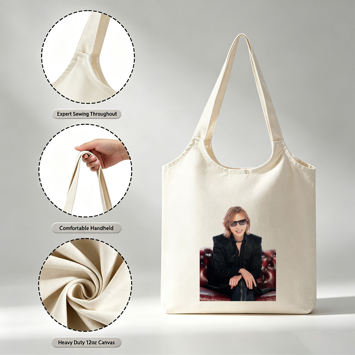 Yoshiki from X Japan Sitting on a Red Leather Couch Wearing Sunglasses and a Black Suit - Canvas shoulder bags/