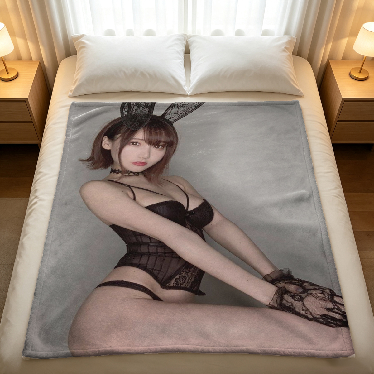 Curvy brunette in white lace lingerie and stockings posing in luxury room - Blanket