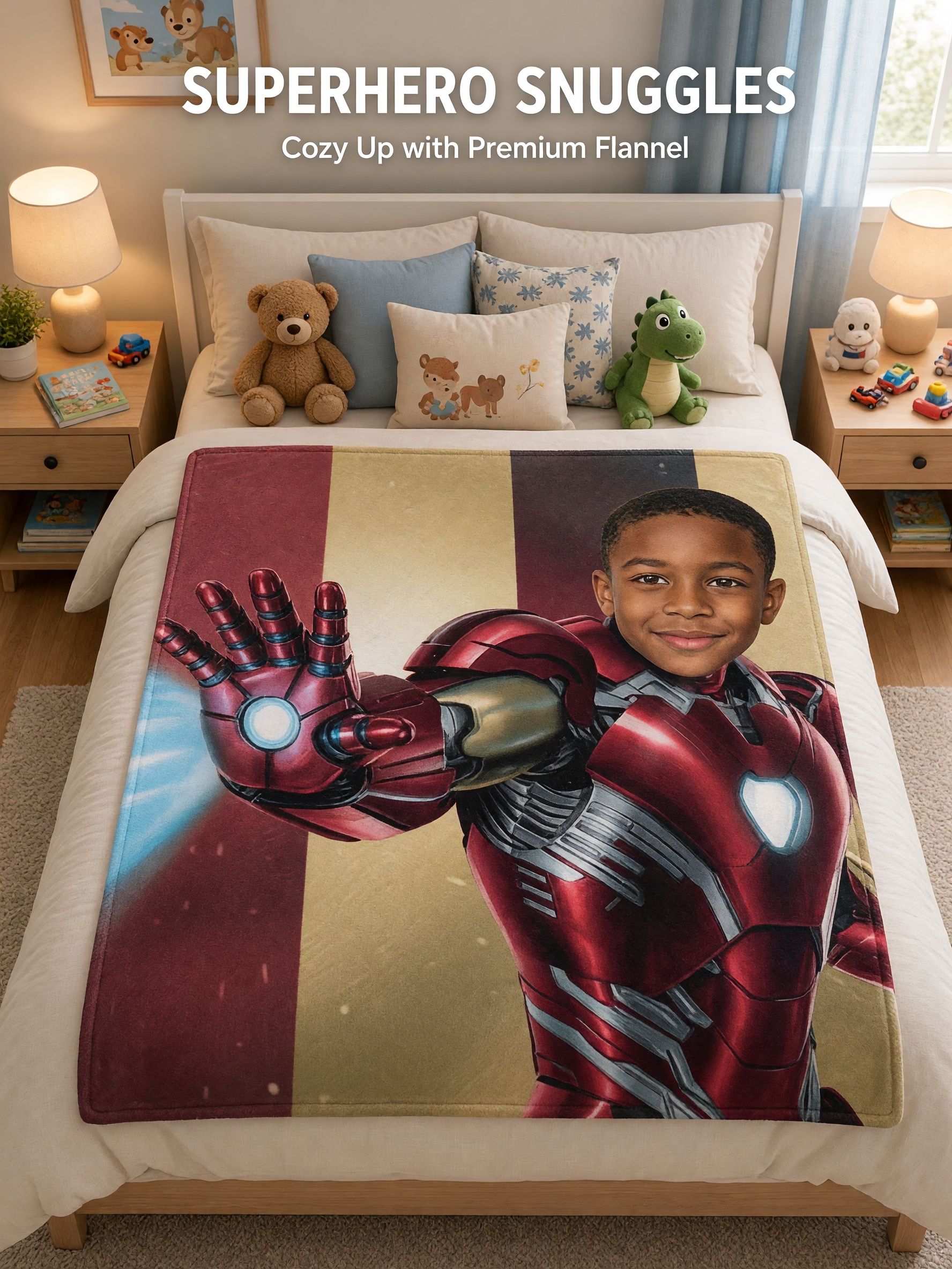 Custom Face Superhero Flannel Blanket Personalized Photo Throw Cozy Plush Fleece Bedding for Kids and Hero Fans