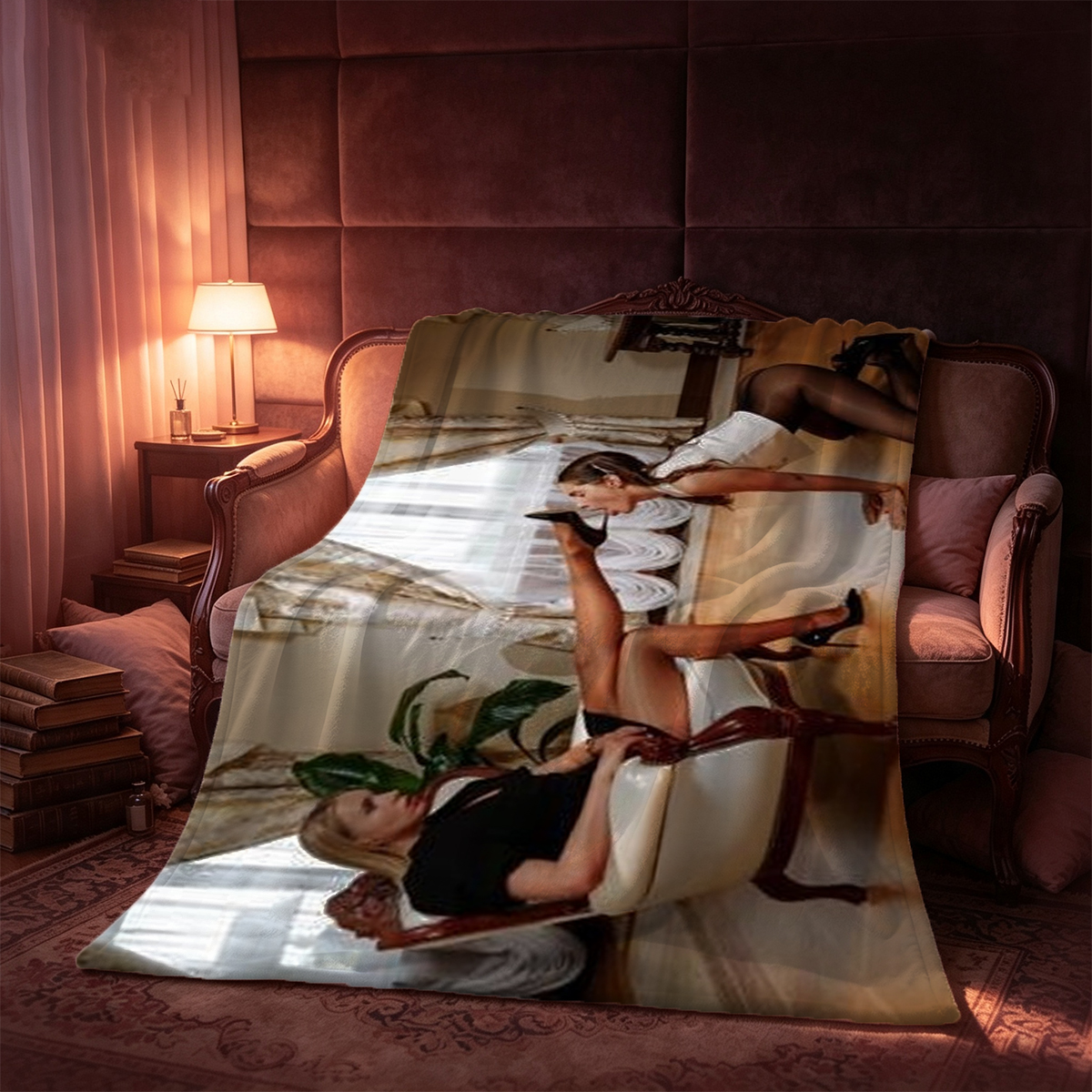 Jennifer Lopez in red bodysuit and fishnet stockings on bed with gift box. - Blanket