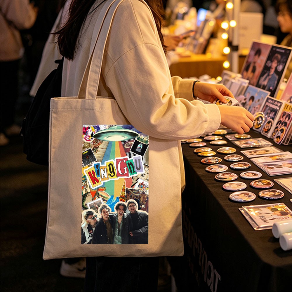 King Gnu Band Members in a Vibrant Collage Featuring Rainbow Path, UFO, and Pop Culture Elements - Canvas tote bags