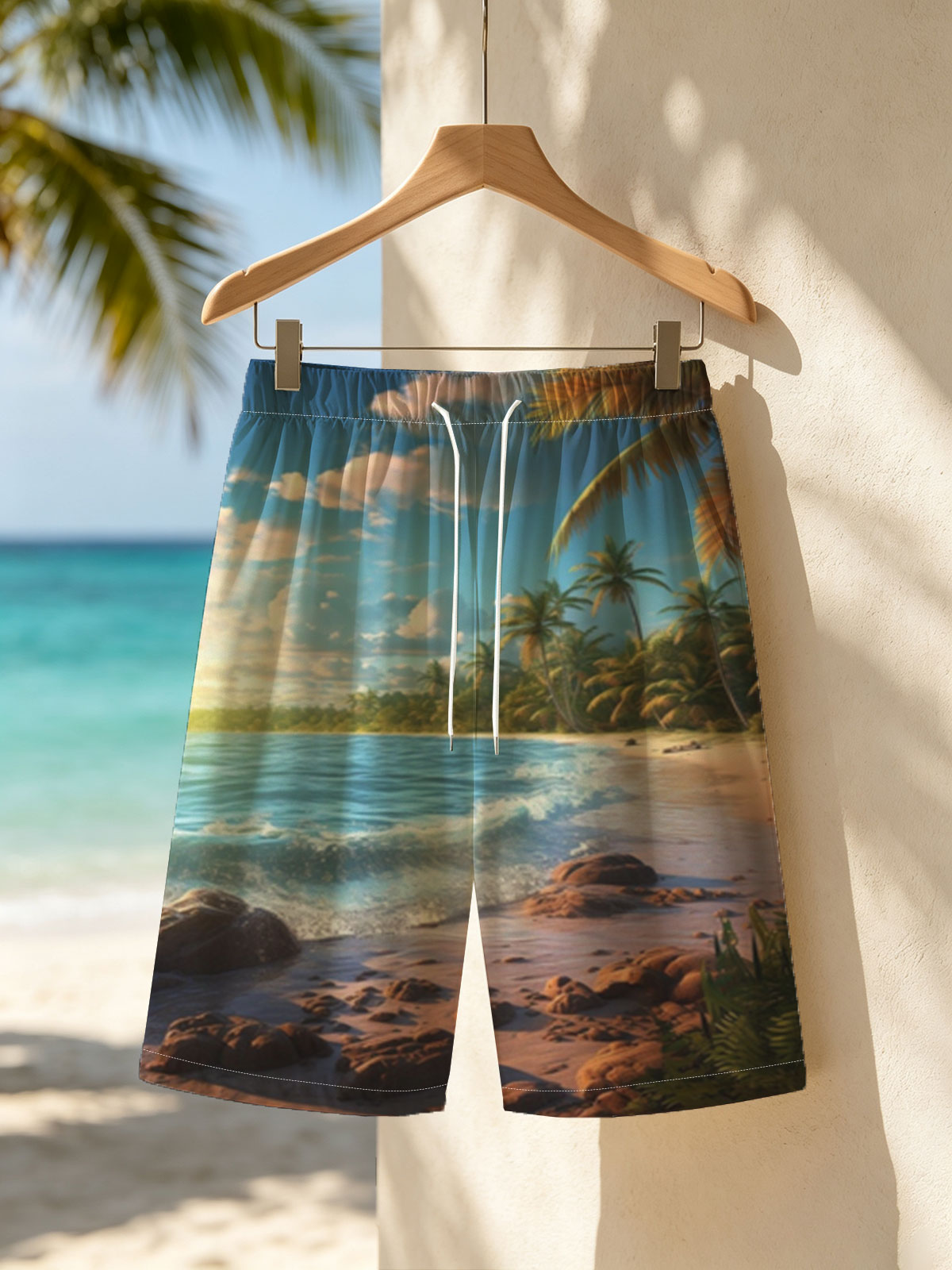 Tropical Beach at Sunset with Palm Trees and Gentle Waves -  Beach shorts