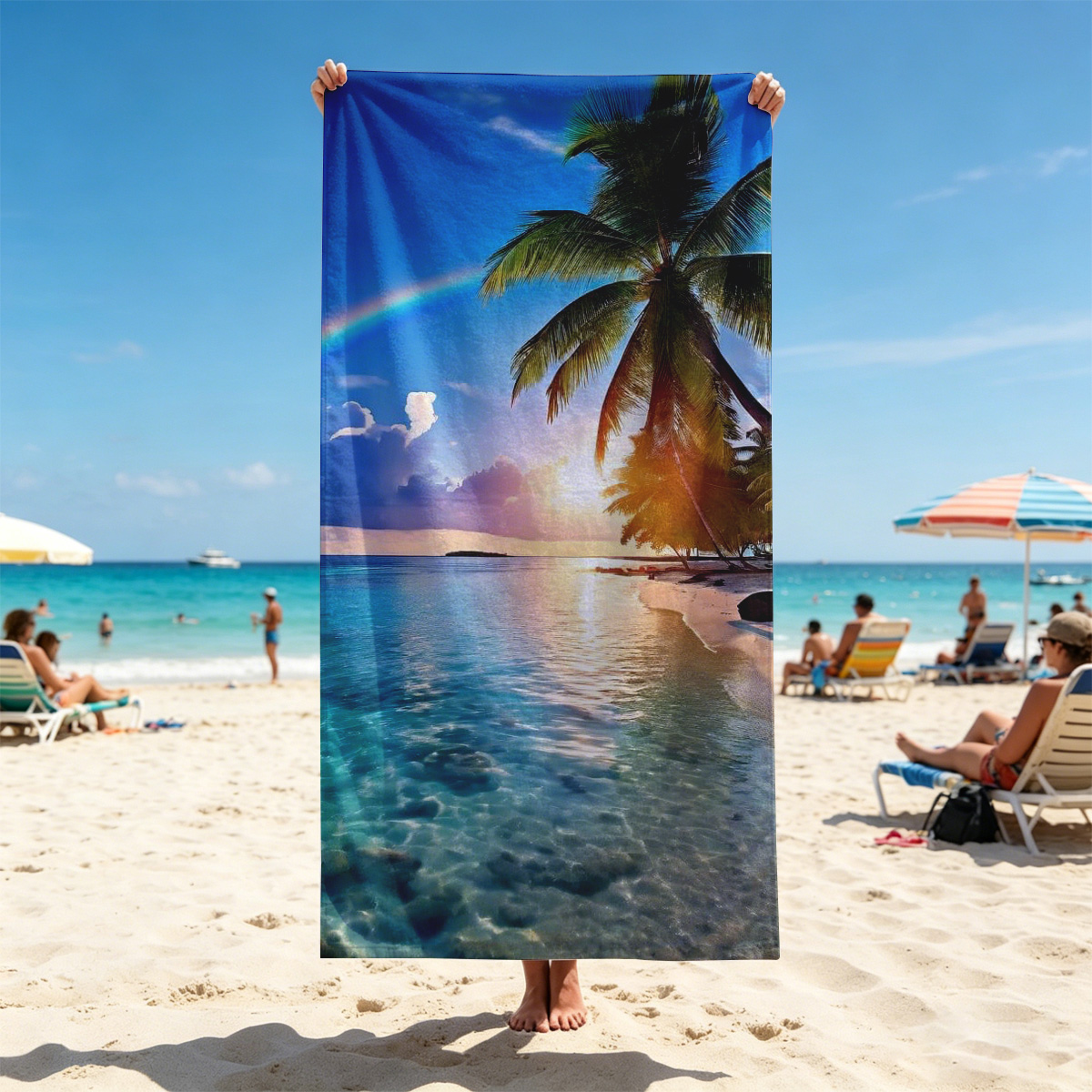 Tropical Beach with Rainbow and Palm Trees at Sunset - Beach towels