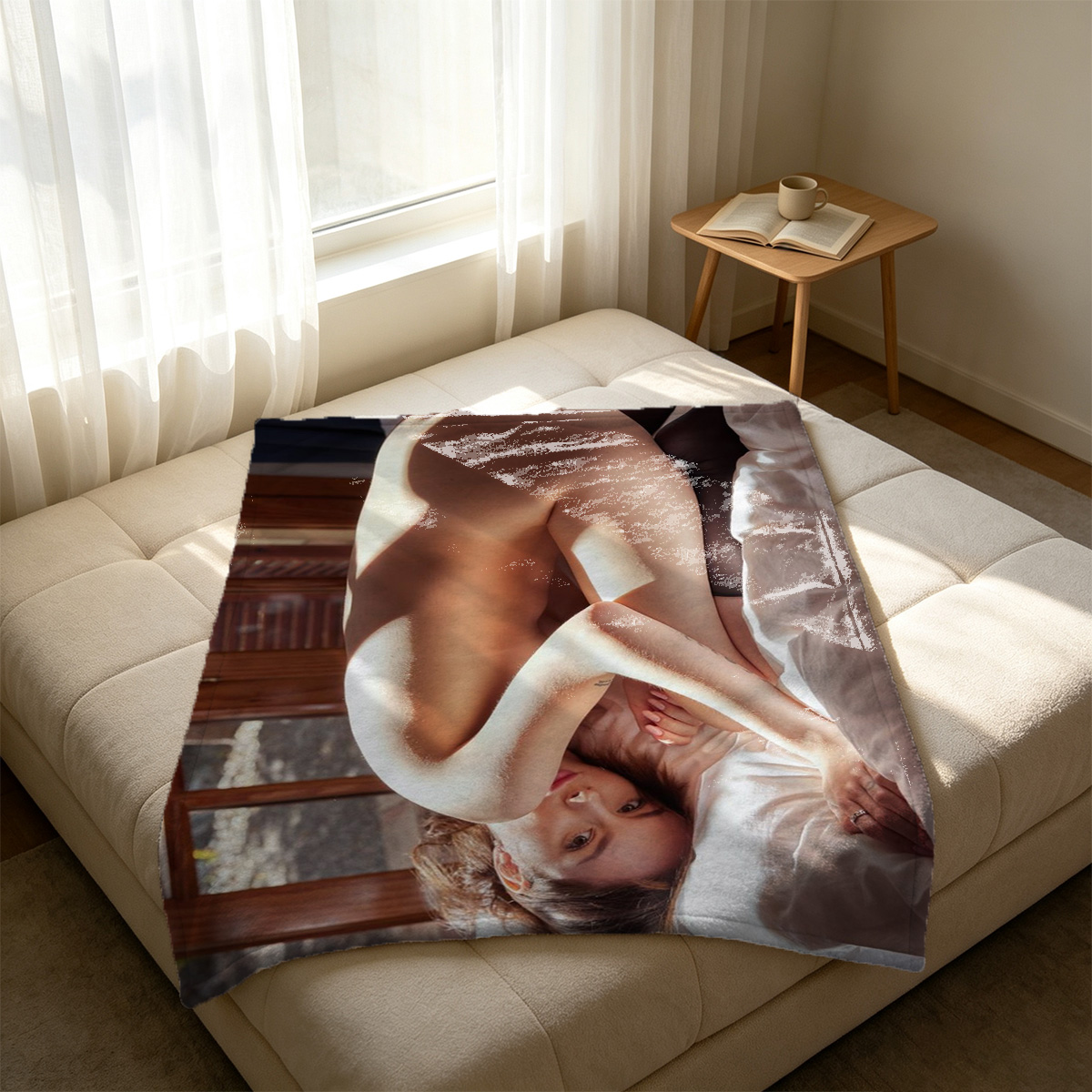A seductive young Asian woman in sheer black butterfly lingerie posing in a modern kitchen. - Blanket