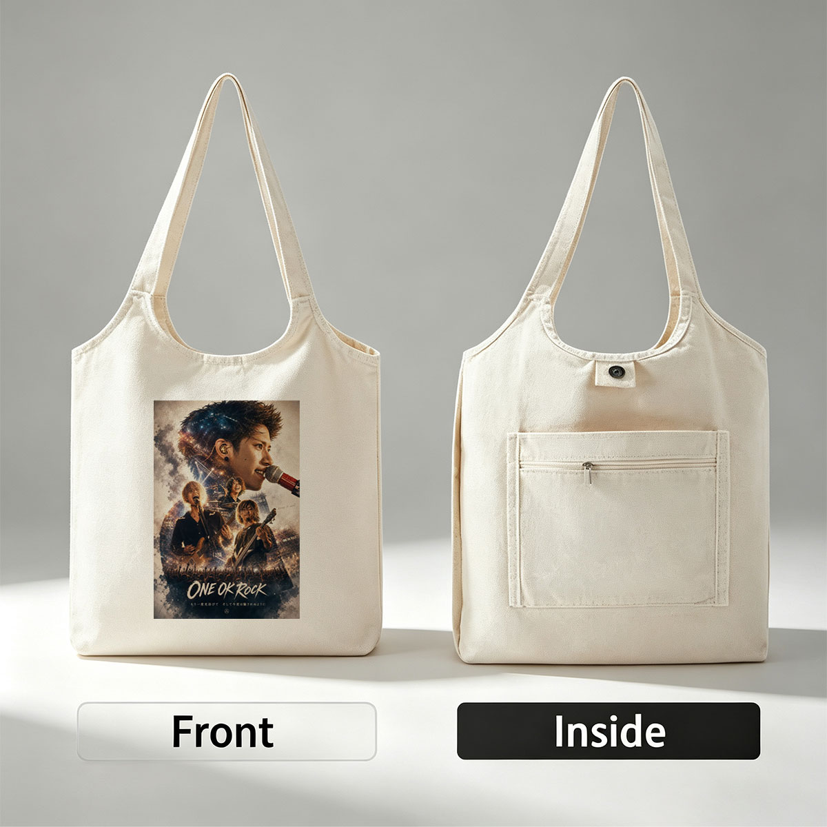 ONE OK ROCK Live Concert Performance with Band Members on Stage and Crowd in the Background - Canvas shoulder bags/