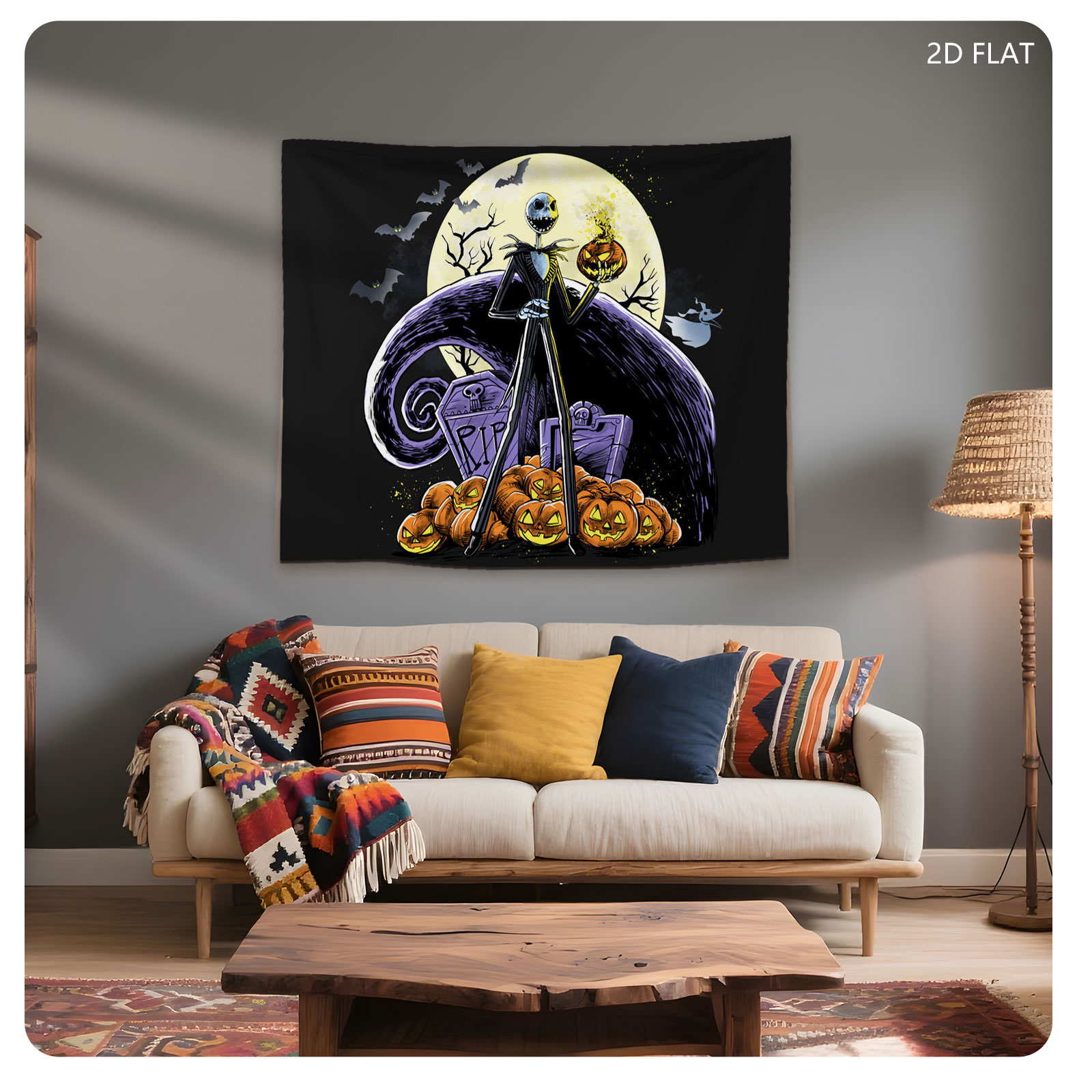 Jack Skellington from The Nightmare Before Christmas stands atop pumpkins with a full moon and bats in the background. - Tapestry