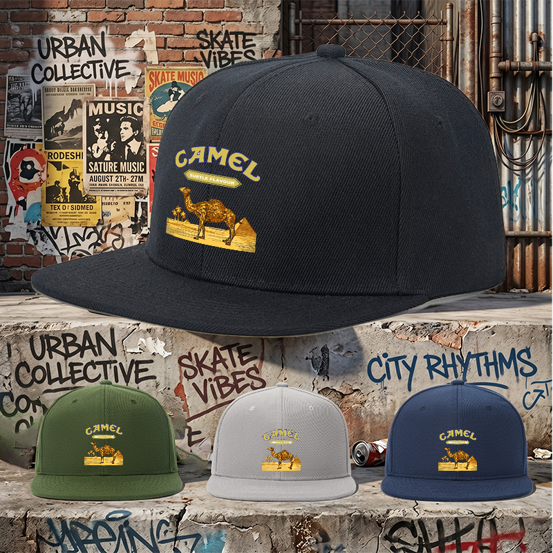 Flat Brim Baseball Cap Camel Desert Scene Print Streetwear Underground Skate Style for Basketball Court Skate Park Urban Lifestyle Hip Hop Artists and Streetwear Enthusiasts