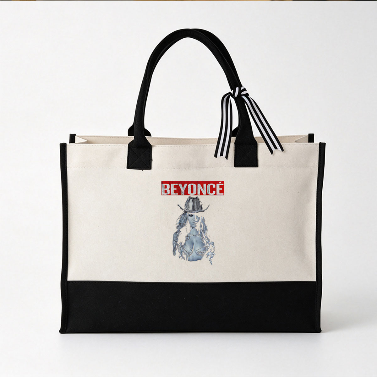 Beyoncé in Cowboy Hat and Lingerie, Black and White Portrait - Canvas patchwork gift tote bag