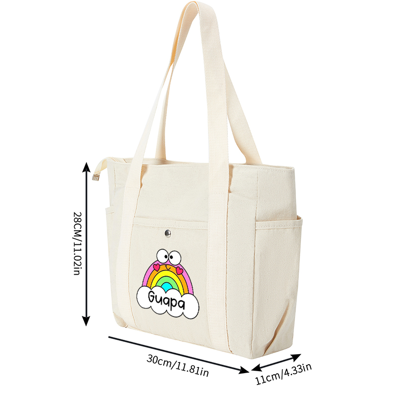 Multi Pocket Bag Cream White Rainbow Heart Print with Cute Face Design Multi Pocket Bag Cream White for Everyday Use, School, Travel, Outdoor Activities Women and Teens Fashion Accessory