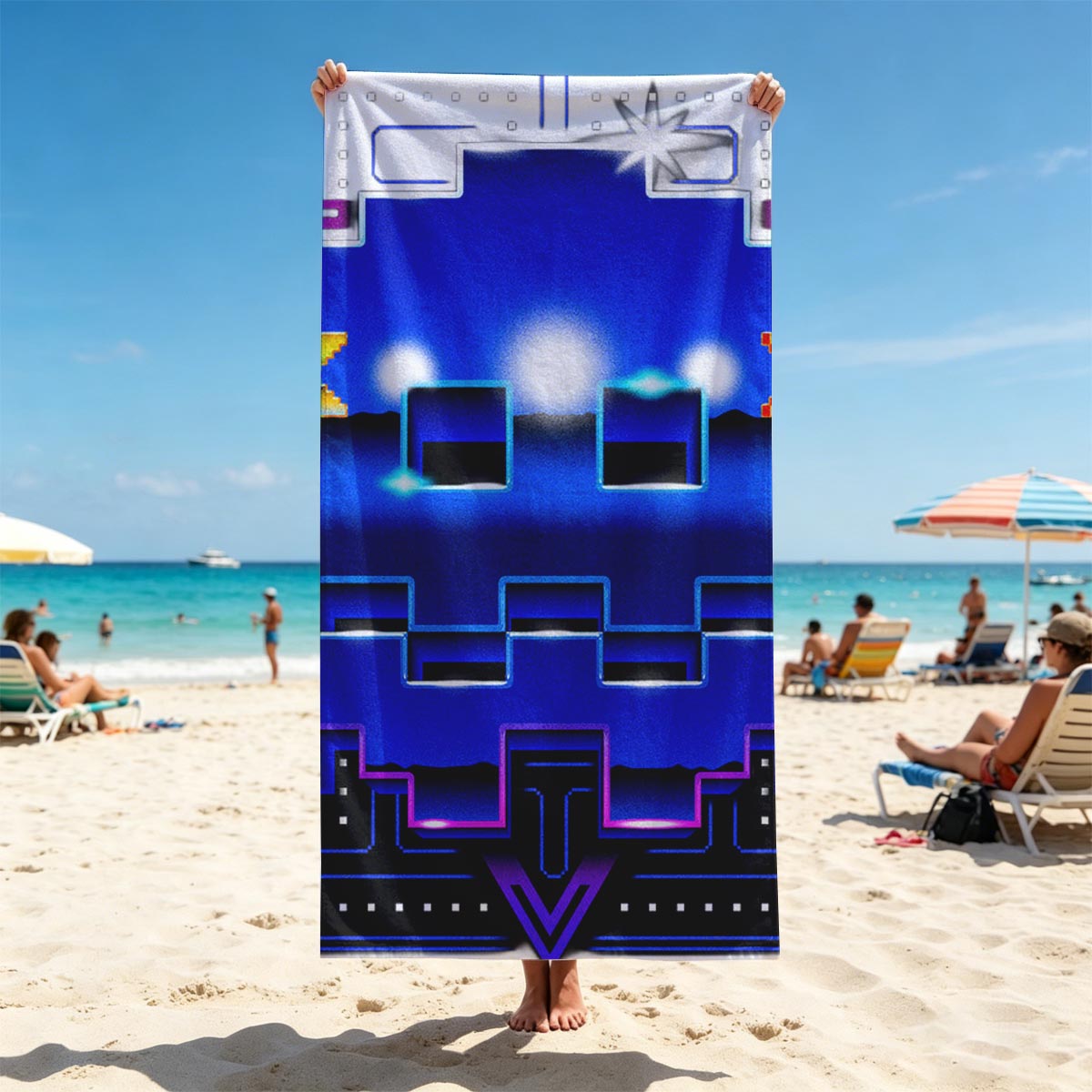 Pac-Man and Ghost in Neon Pixel Maze Adventure - Beach towels