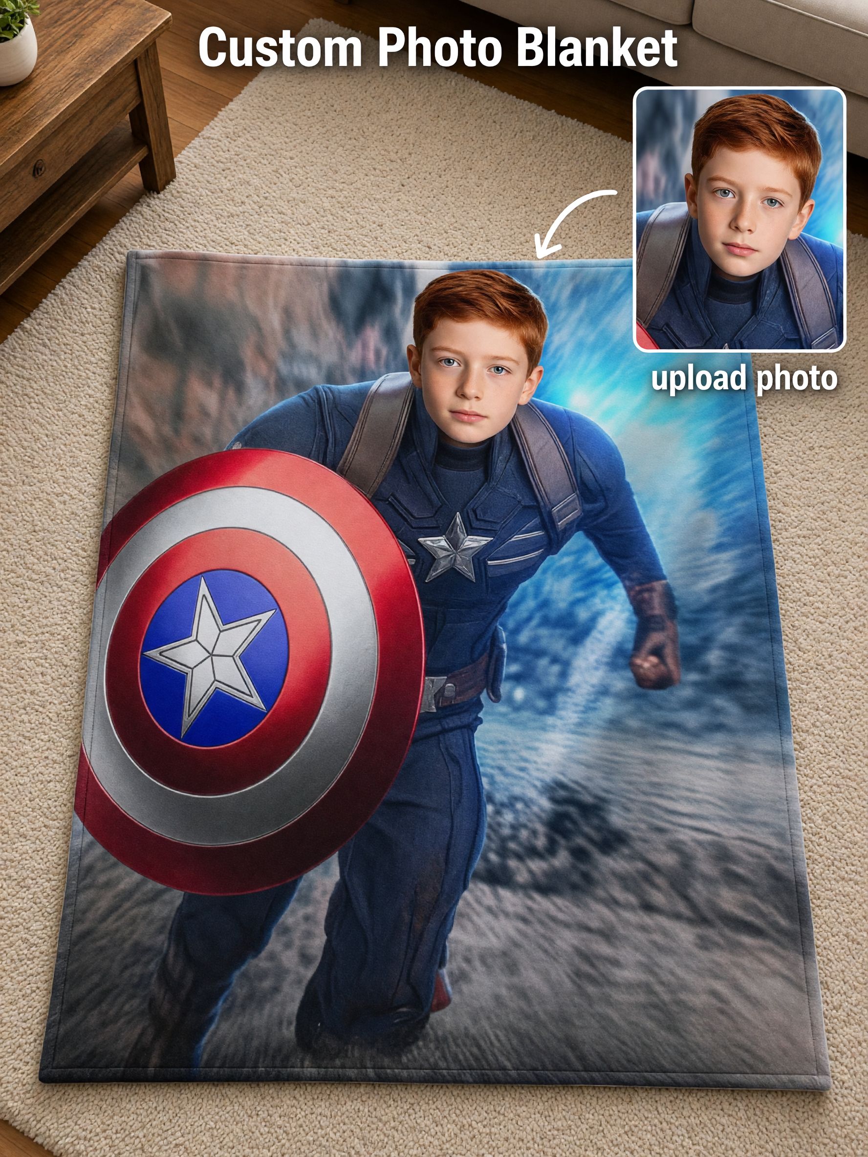 Custom Face Photo Superhero Flannel Blanket, Personalized Hero Portrait Throw, Ideal Cozy Gift for Kids and Boys