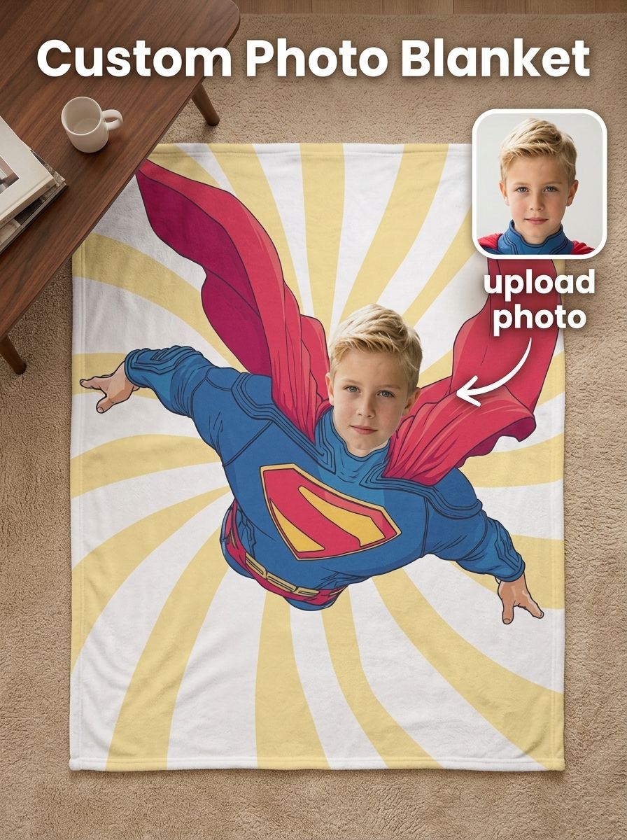 Custom Photo Superhero Blanket Personalized Face Flannel Fleece Throw Cozy Gift for Kids and Adults