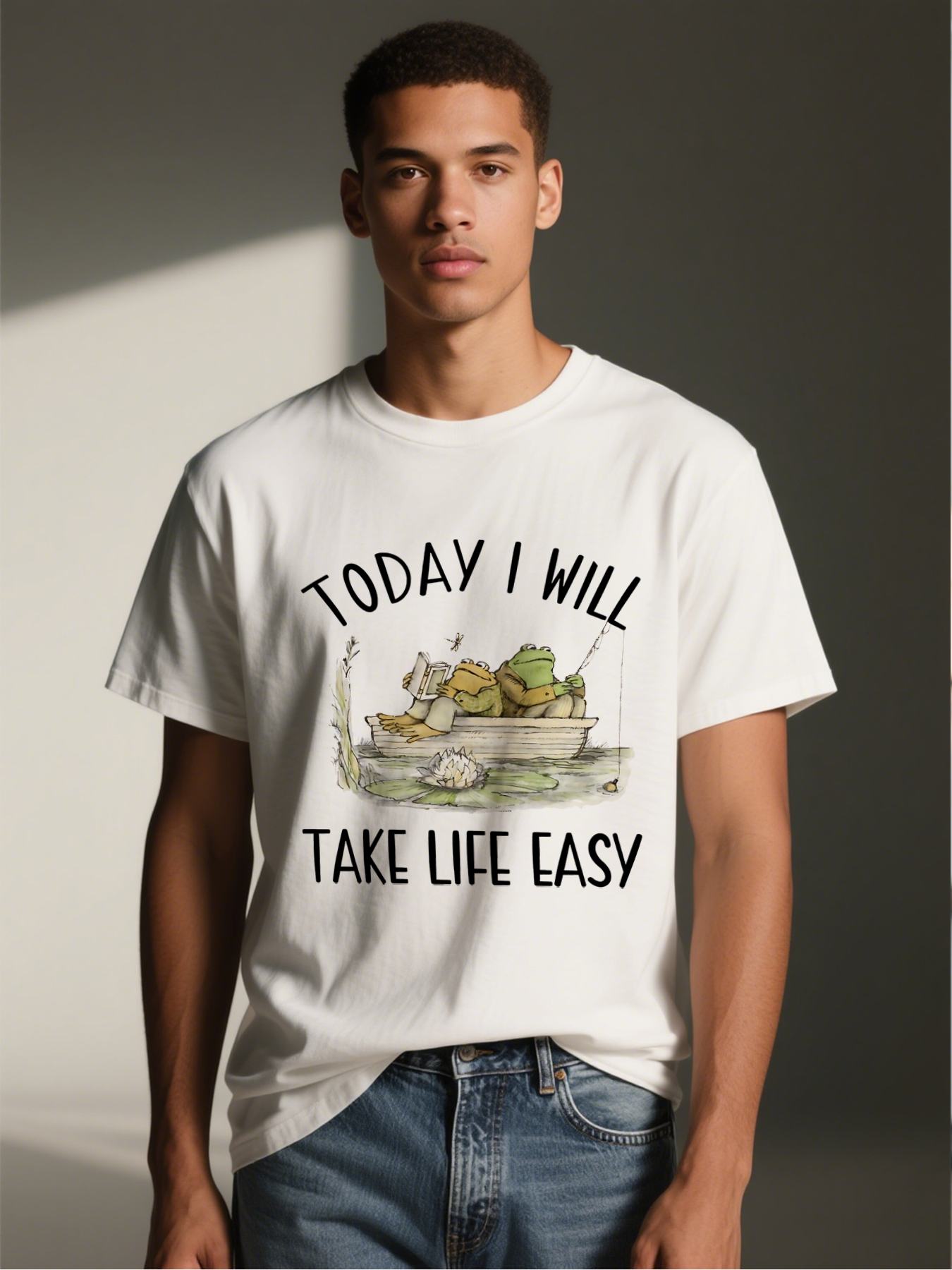 Men's Printed T-Shirt Frog Fishing and Reading in Boat Cartoon Design Casual Round Neck Summer Lightweight Breathable Short Sleeve T-Shirt for Outdoor Leisure Nature Lovers Adults