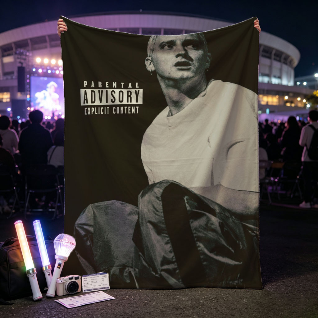 Eminem Sitting in a Dark Room with Parental Advisory Label on Album Cover - Blankets