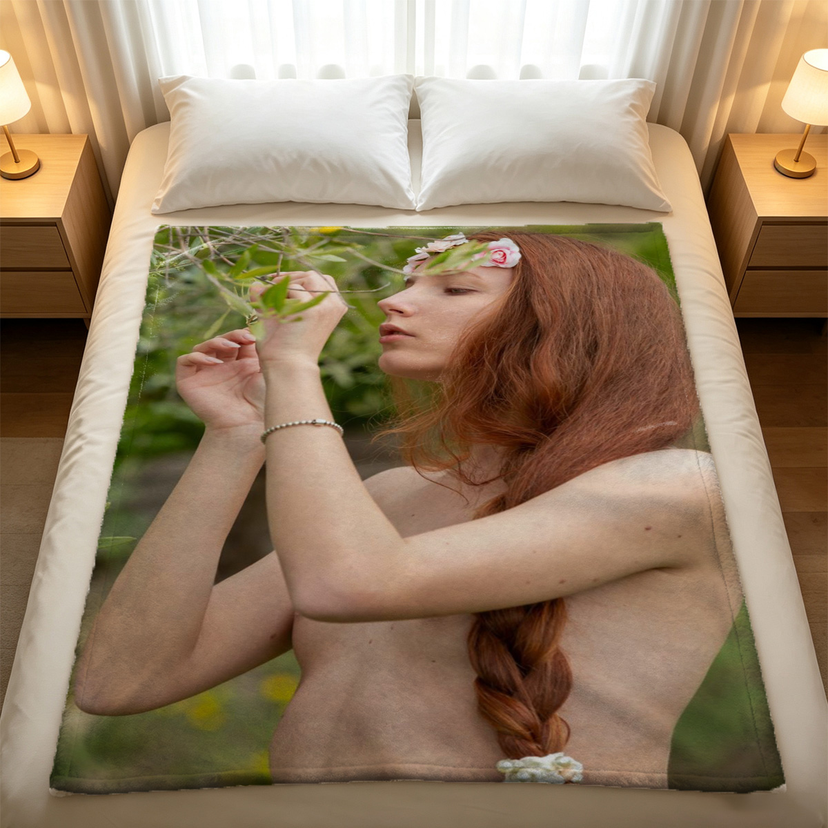 Two Women in Lingerie Embracing on Bed - Blanket