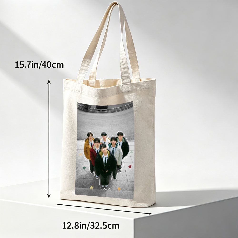 TXT Group in School Uniforms Standing Together Outdoors with Star Accents - Canvas tote bags