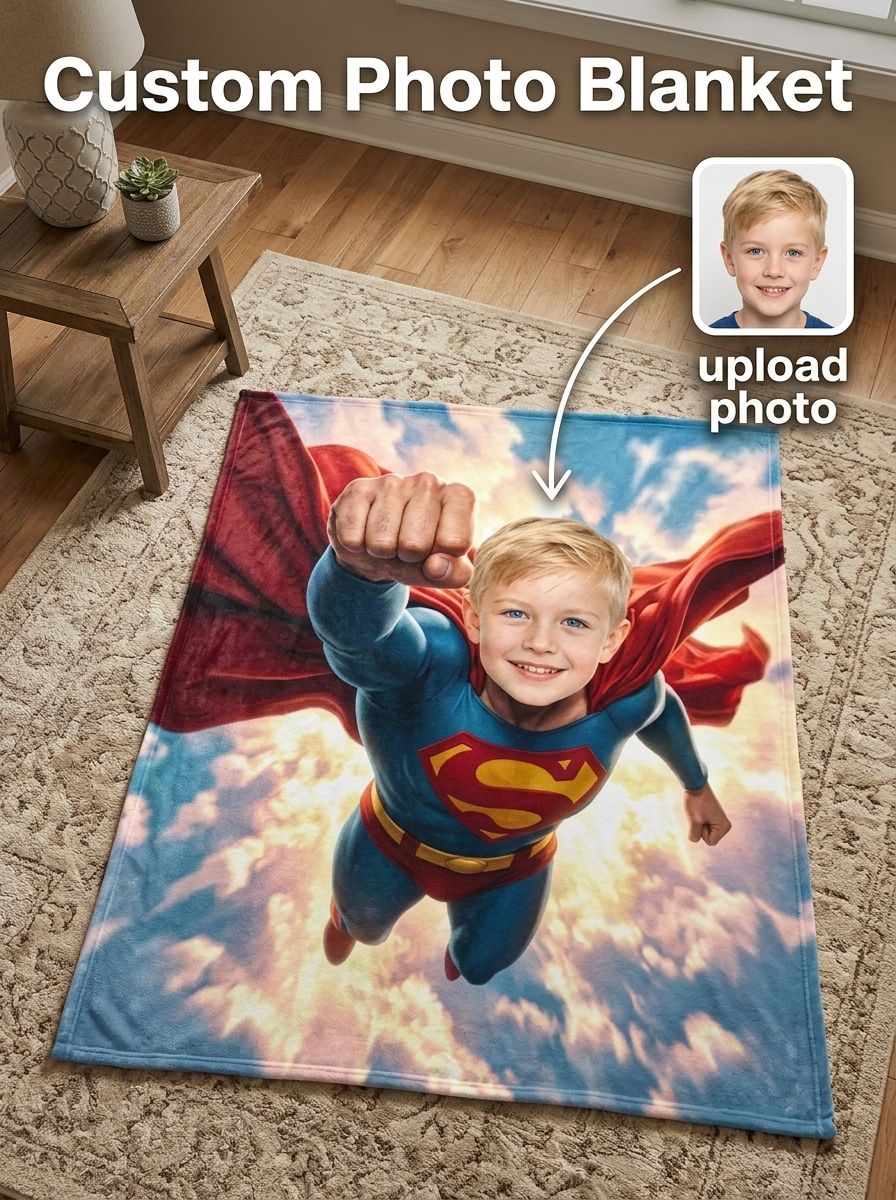 Personalized Superhero Photo Face Flannel Blanket Ultra Soft Cozy Fleece Throw Cover for Kids Boys Birthday Gift
