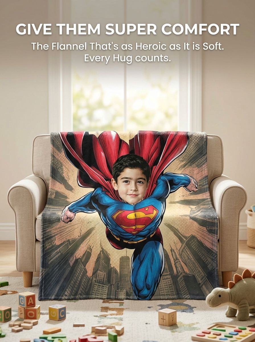 Personalized Superhero Face Photo Flannel Fleece Blanket, Ultra Soft Custom Picture Throw for Kids and Family Gift