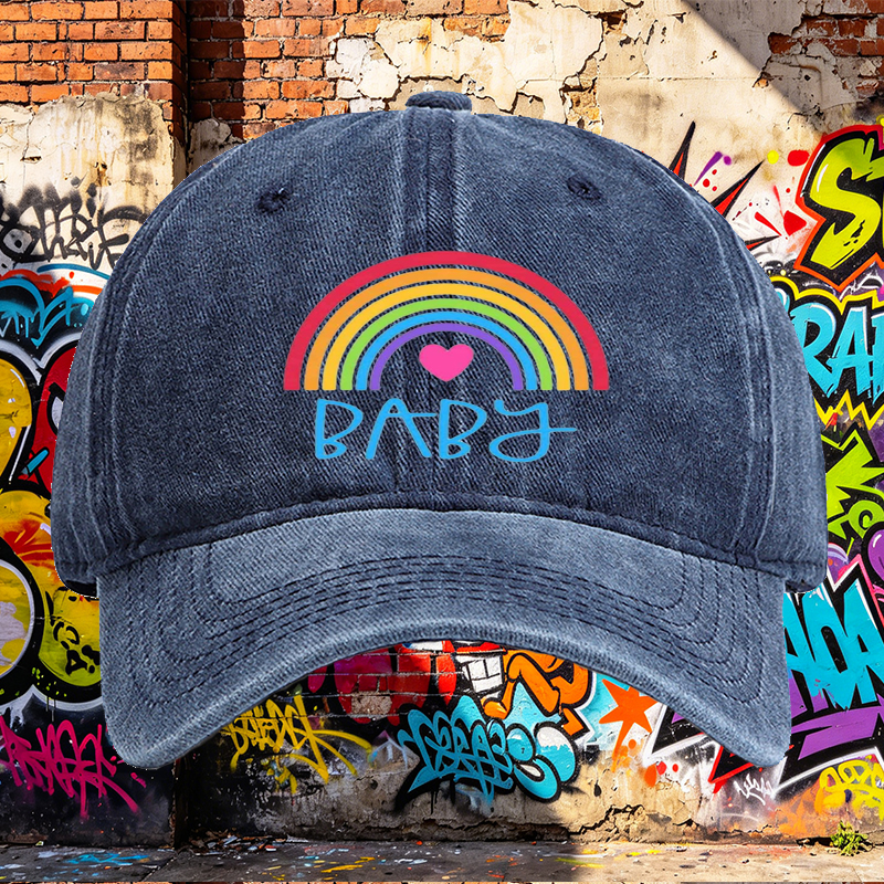Unisex Classic Washed Cap with Rainbow Heart Baby Print | Casual Streetwear Hat for Adults and Teens | Perfect for Daily Wear, Outdoor Activities, and Fashion Statements