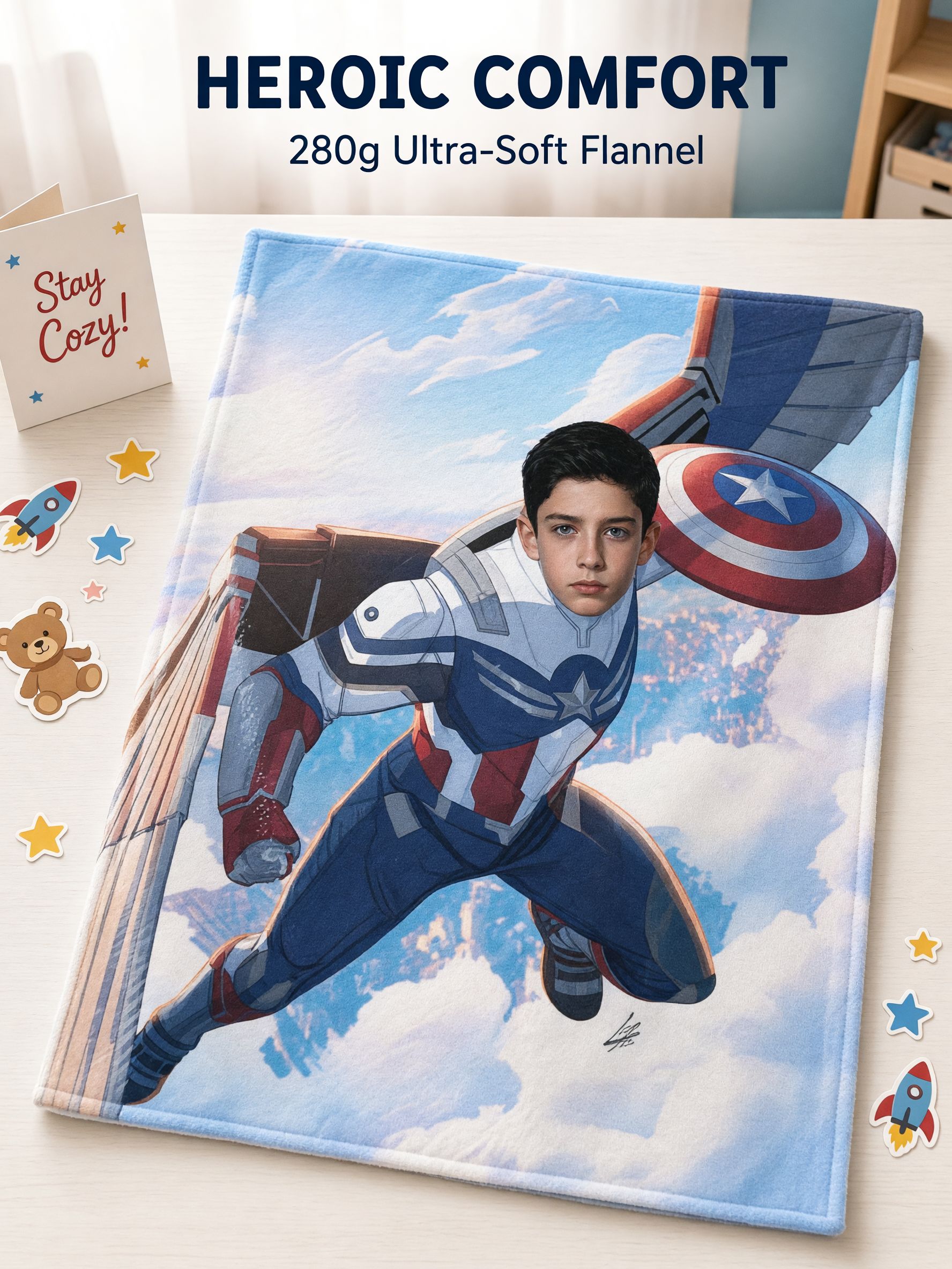 Custom Superhero Face Photo Blanket Personalized Flannel Fleece Throw Bedding Cover for Kids Boys Cozy Keepsake Gift