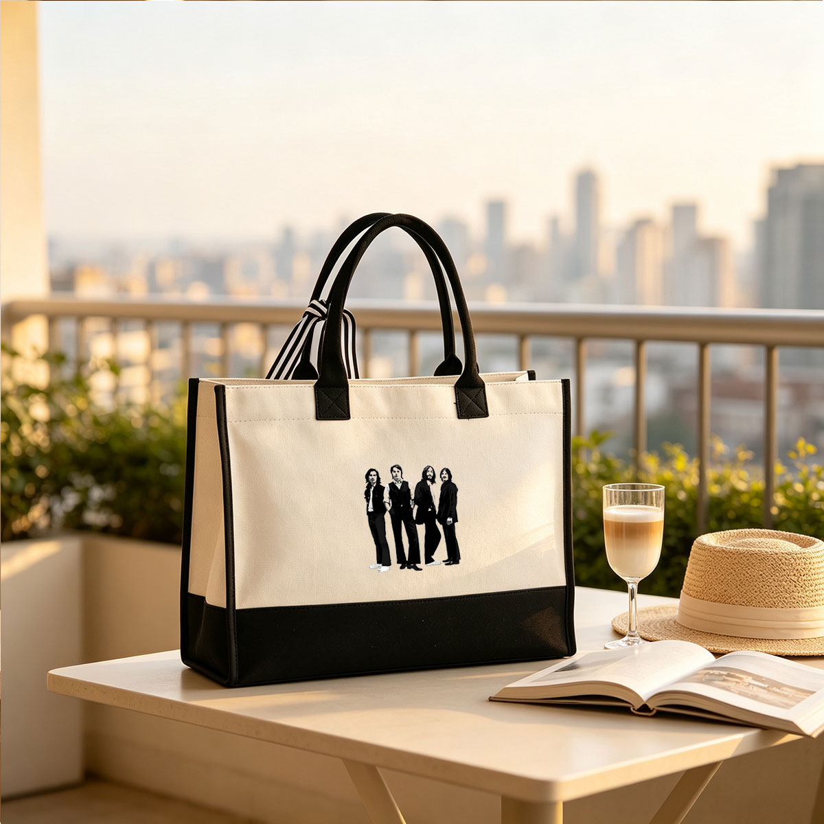 The Rolling Stones Band Members in Black and White Portrait - Canvas patchwork gift tote bag