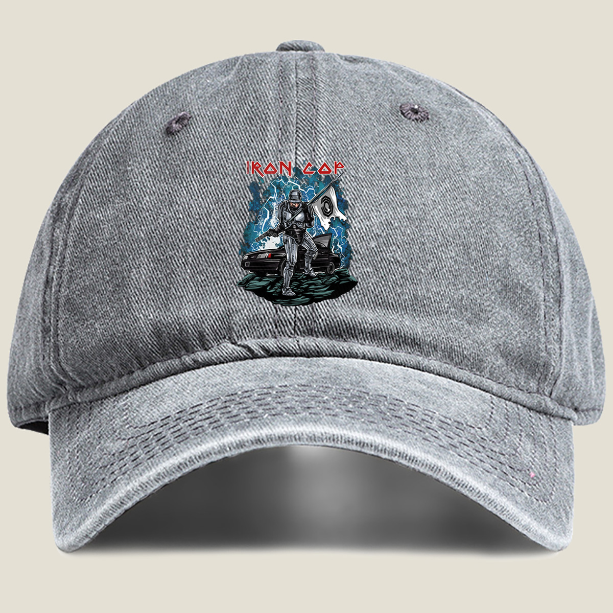 Iron Cop: Robo-Police Officer with Flag and Car - Washed Denim - Baseball Cap