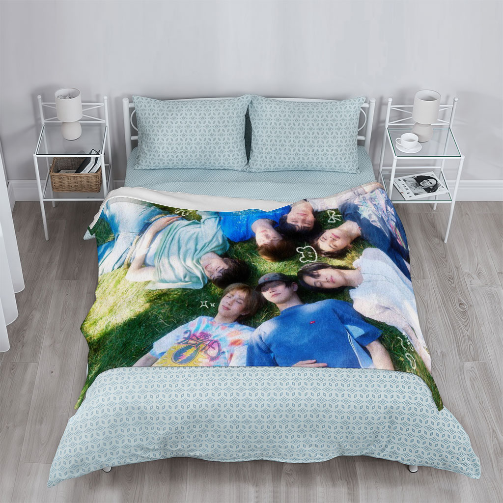 ENHYPEN Lying on Grass in a Circle with Playful Expressions and Cute Emojis - Blankets