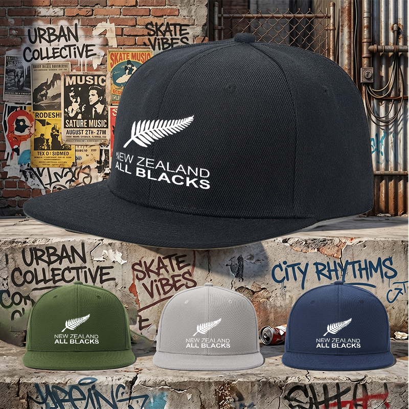 Flat Brim Baseball Cap New Zealand All Blacks Silver Fern Logo Streetwear Underground Skate Style Basketball Court Skatepark Urban Outfit for Skaters Rappers Streetwear Enthusiasts