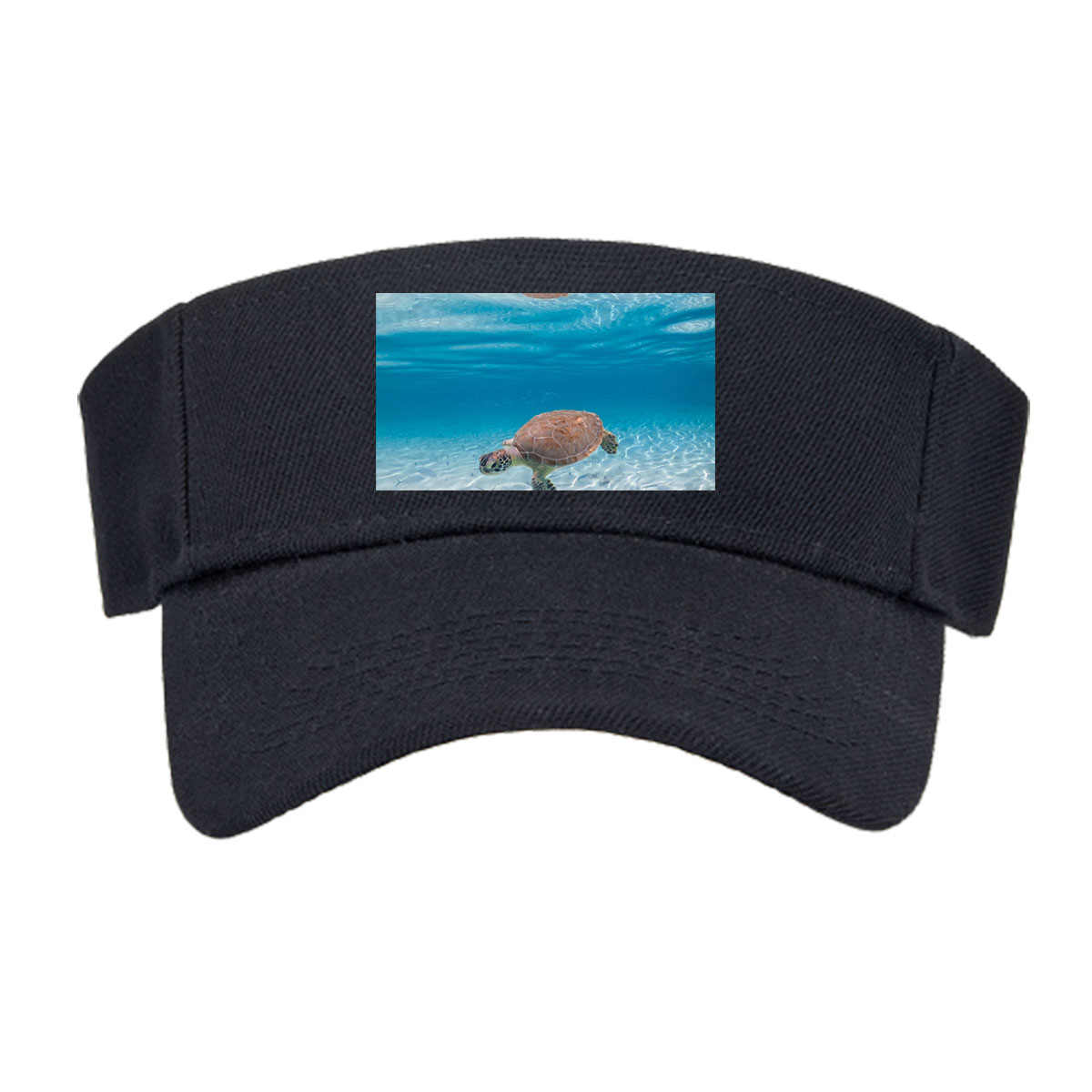 Sea turtle swims gracefully in clear blue water with fish below, sunlight filtering through the surface. -  Visor cap