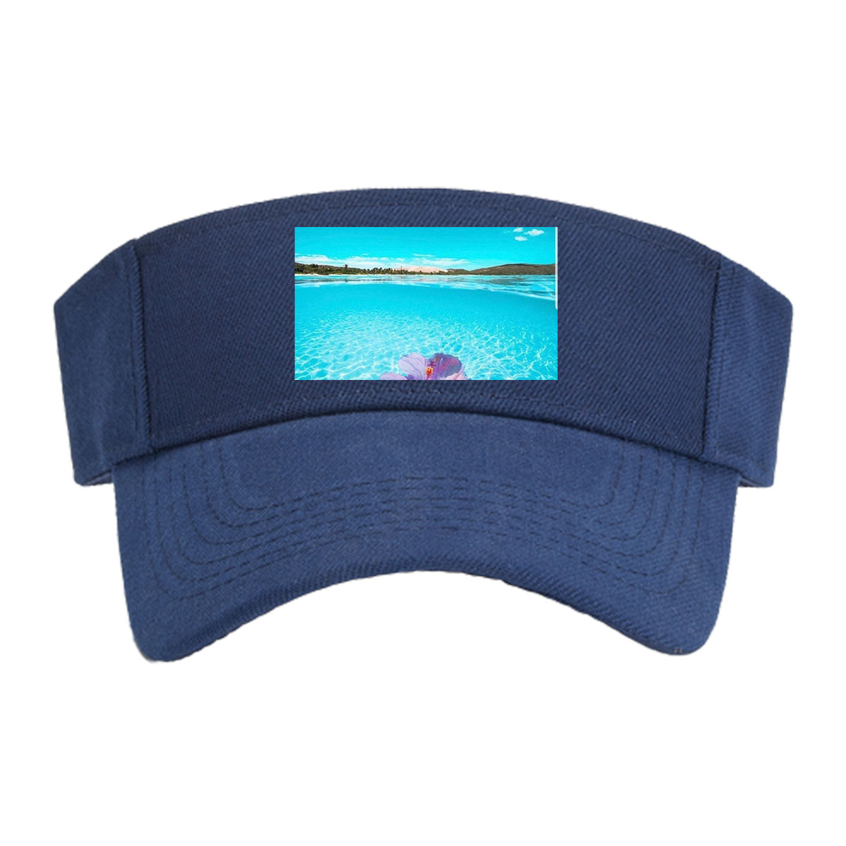 Hand holding a pink hibiscus flower over crystal-clear turquoise water under a bright blue sky. -  Visor cap