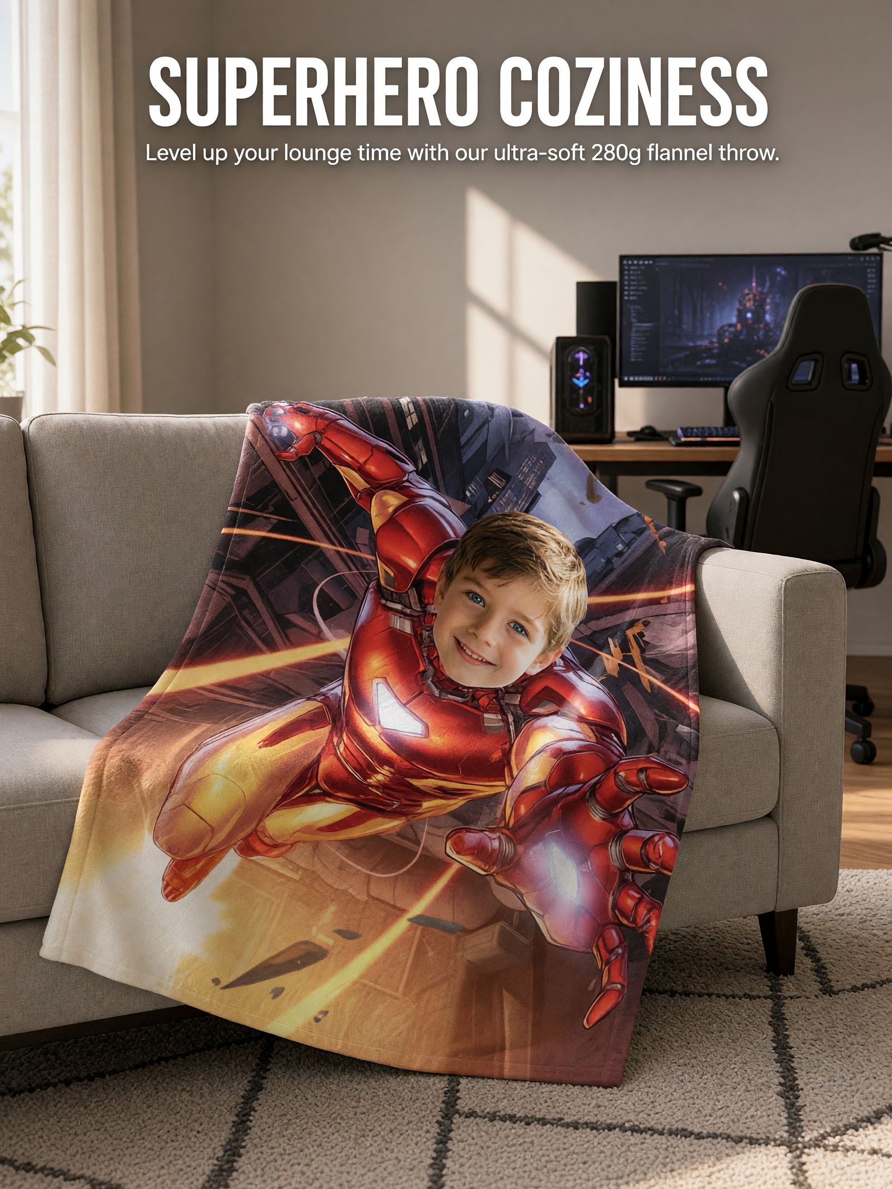 Custom Photo Superhero Flannel Fleece Blanket Personalized Face Picture Cozy Throw Skin Friendly Anti Pilling Bed Sofa