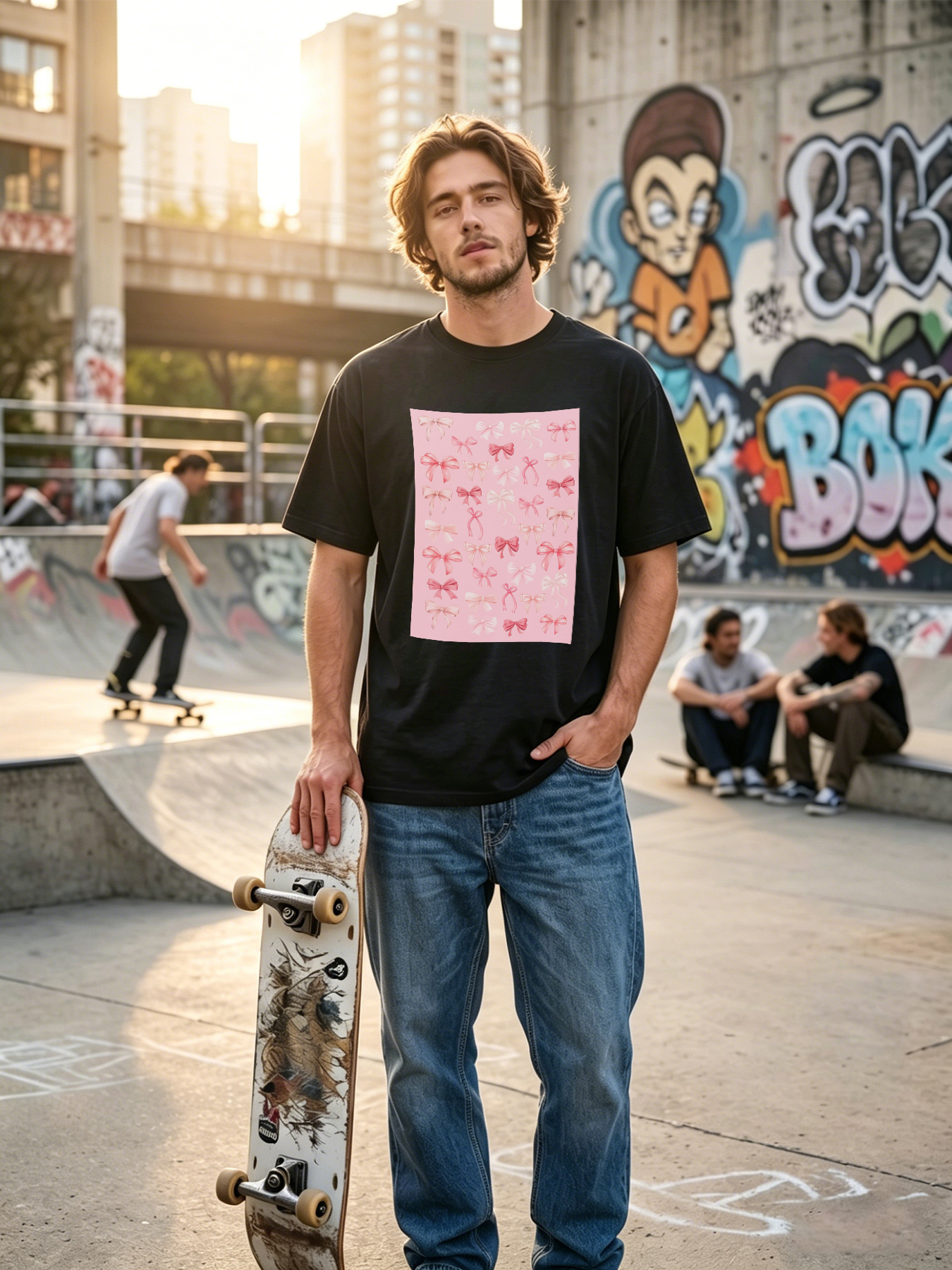 Men's Bow Print T-Shirt with Pink Ribbon Pattern Casual Round Neck Summer Lightweight Breathable Short Sleeve T-Shirt for Everyday Wear, Outdoor Activities, and Leisure Time - Perfect for Young Adults and Trendy Fashion Lovers