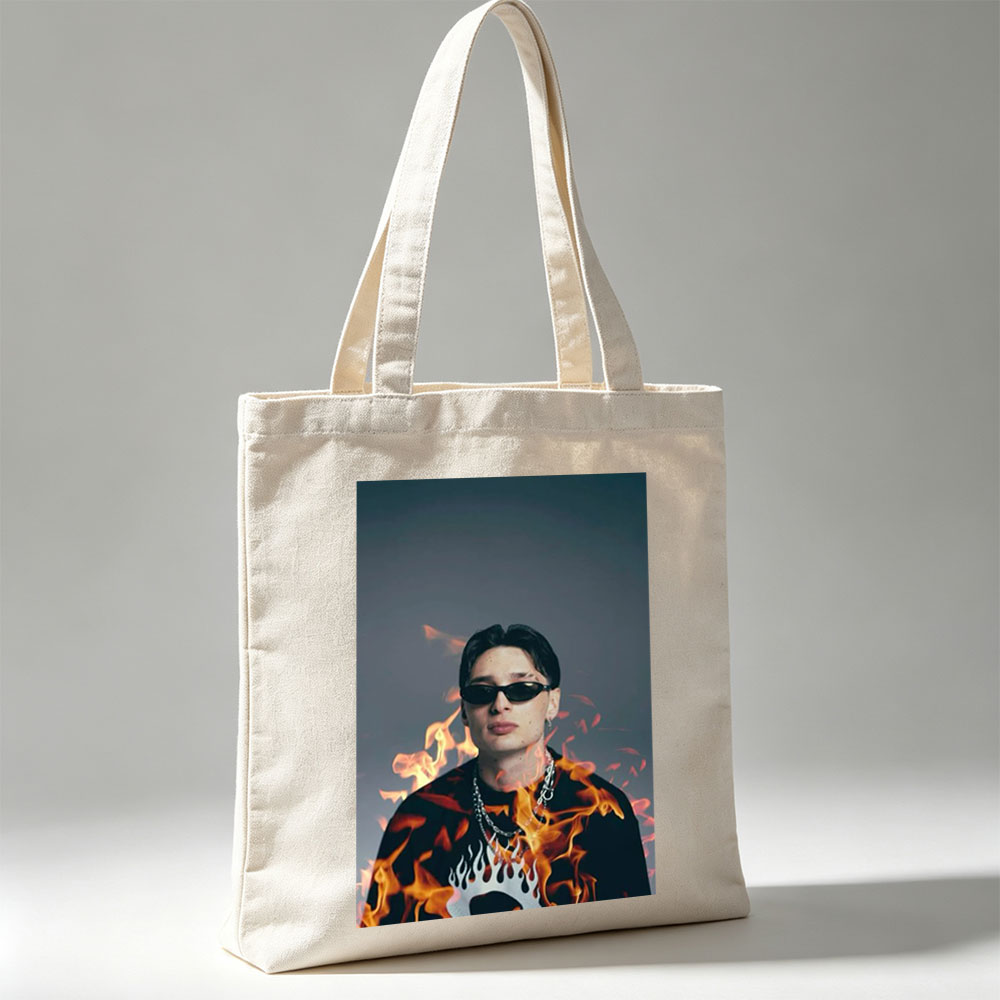 BTS Jungkook in Fiery Pose with Flames Surrounding Him - Canvas tote bags