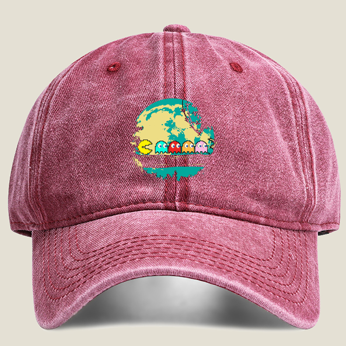 Pac-Man and Ghosts Under the Moon - Washed Denim - Baseball Cap