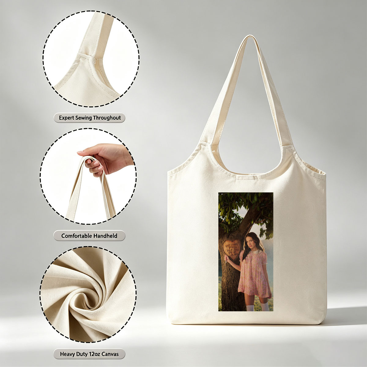 Olivia Rodrigo in a Romantic Outdoor Scene Wearing a Pink Floral Dress Leaning Against a Tree with a Heart Carved Message - Canvas shoulder bags/