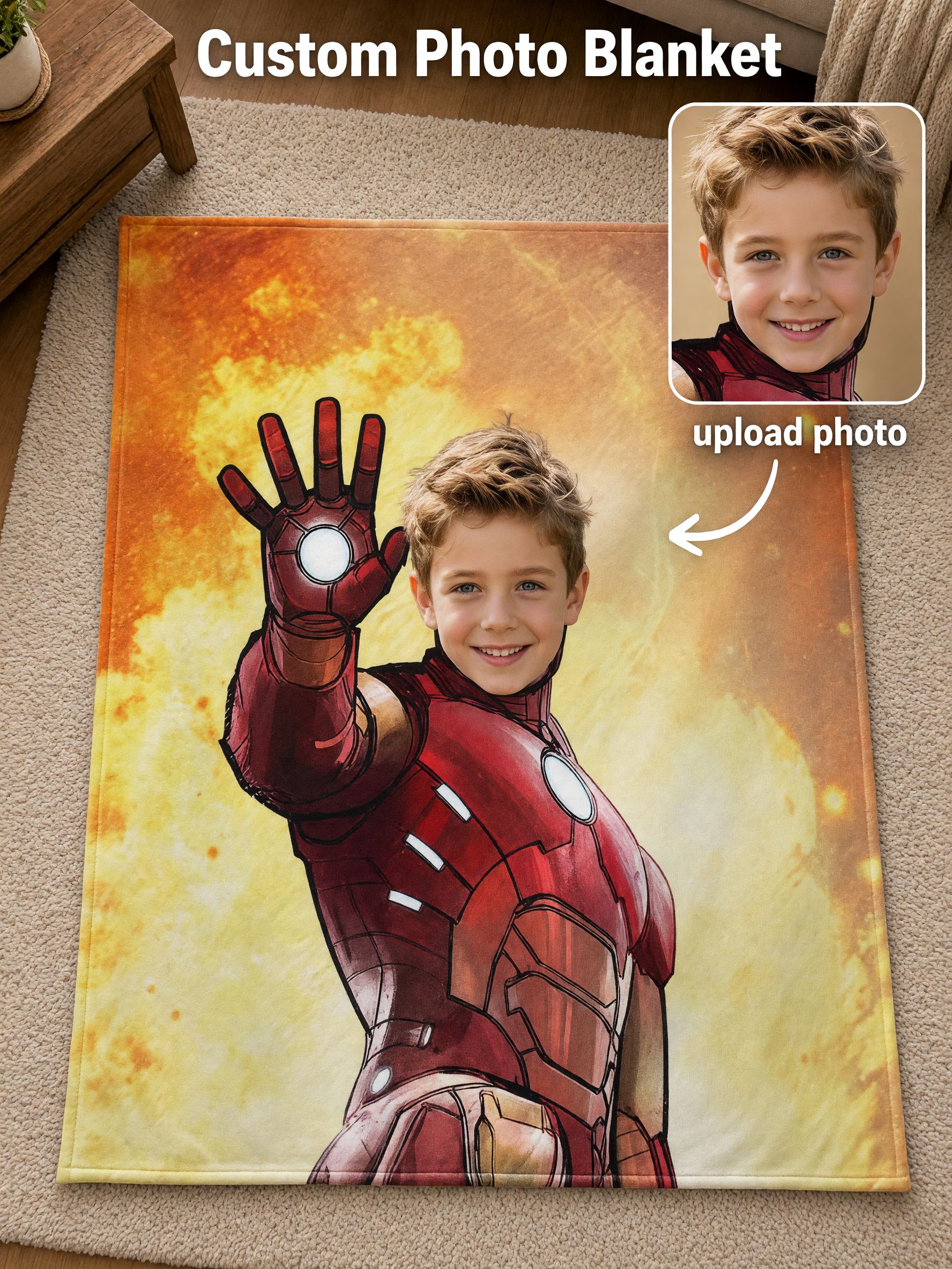 Custom Face Superhero Flannel Fleece Blanket, Personalized Photo Throw for Boys and Kids, Cozy Warm Bed and Couch Gift