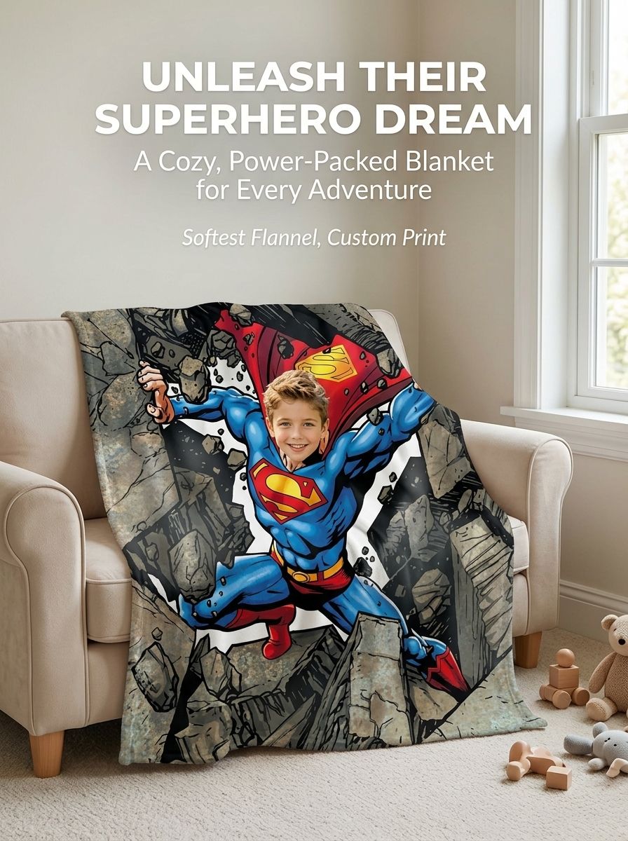 Custom Superhero Photo Face Blanket Ultra Soft Anti Pilling Flannel Throw Personalized Bed and Couch Keepsake Gift
