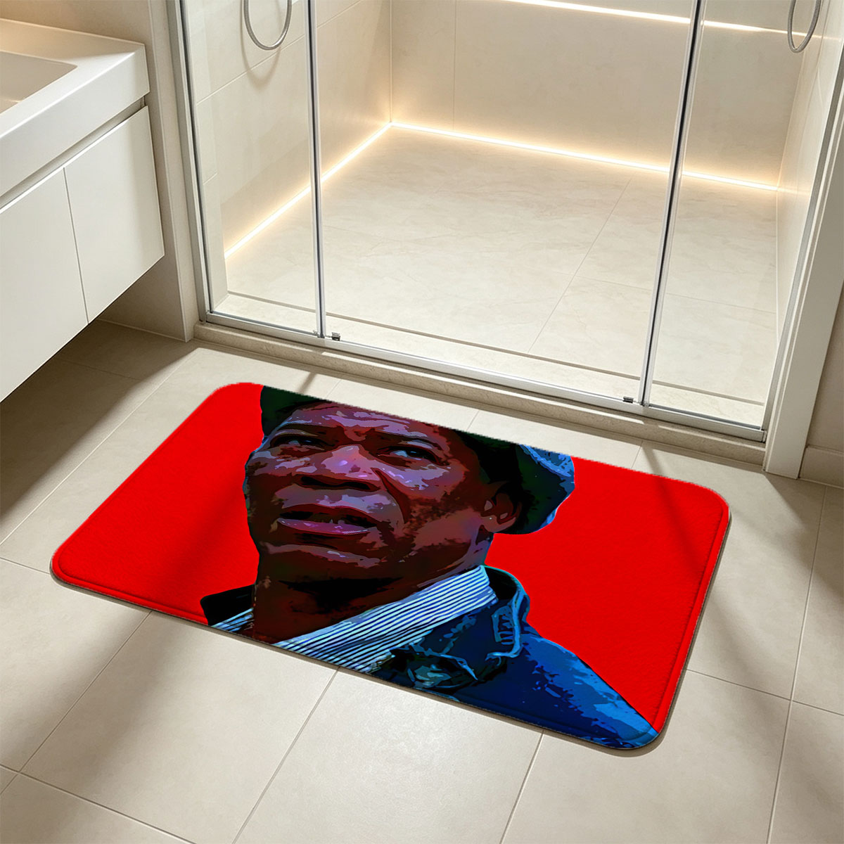 Morgan Freeman in a blue cap and jacket against a red background - Flannel floor mat