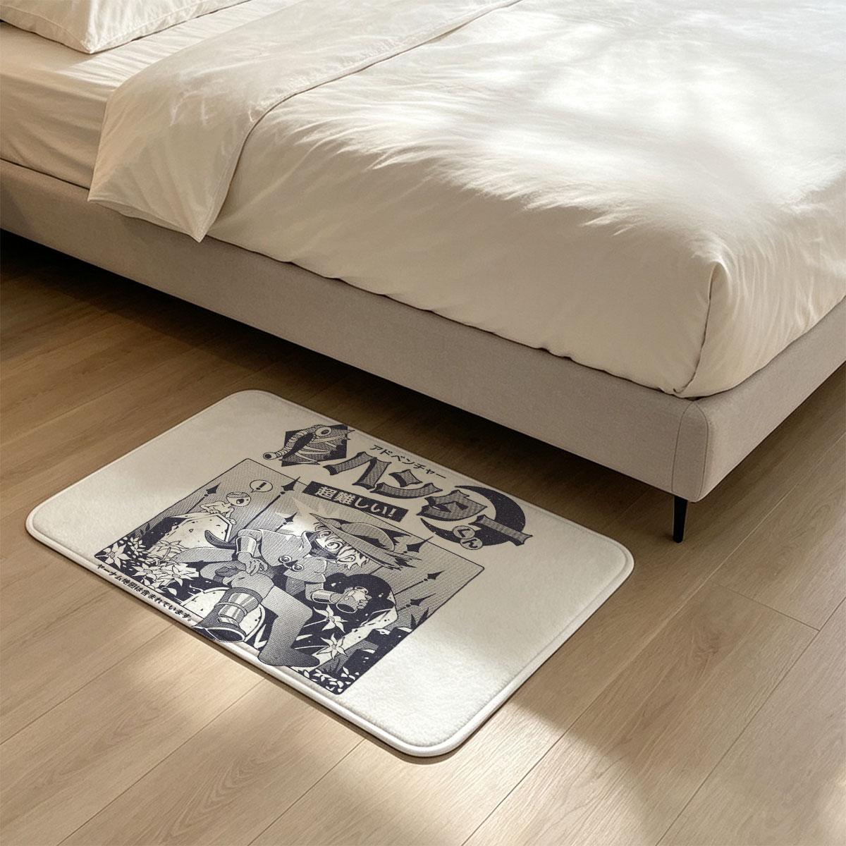 Adventure Hantaro: Super Hard! Featuring the protagonist in a dynamic pose with a magical creature, set against a mystical backdrop. - Flannel floor mat