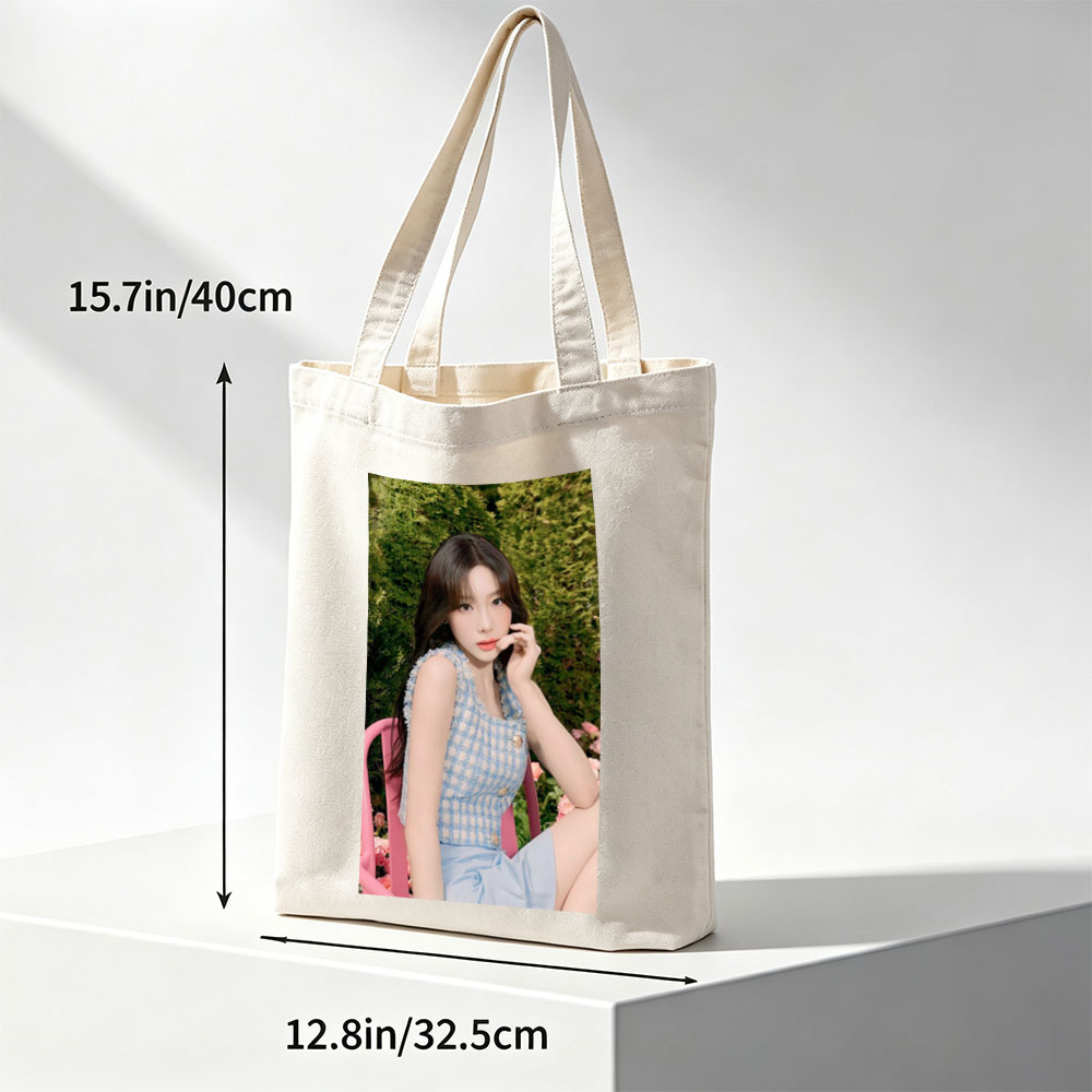 Tzuyu in a Garden Scene Wearing a Blue Checkered Top and Light Blue Skirt, Sitting on a Pink Chair Amidst Greenery and Flowers - Canvas tote bags