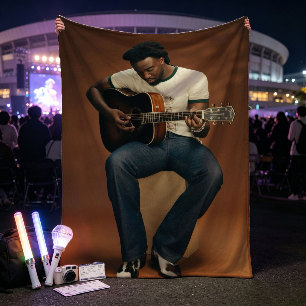 Khalid Playing Acoustic Guitar in Studio Portrait - Blankets