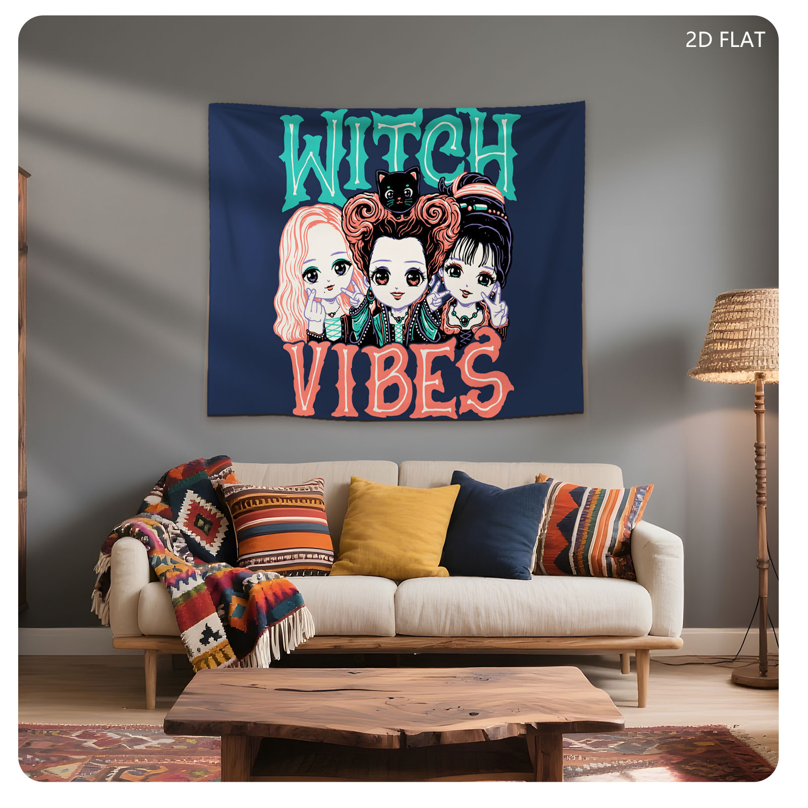 Witch Vibes: Three Magical Girls with Cat and Gothic Style - Tapestry