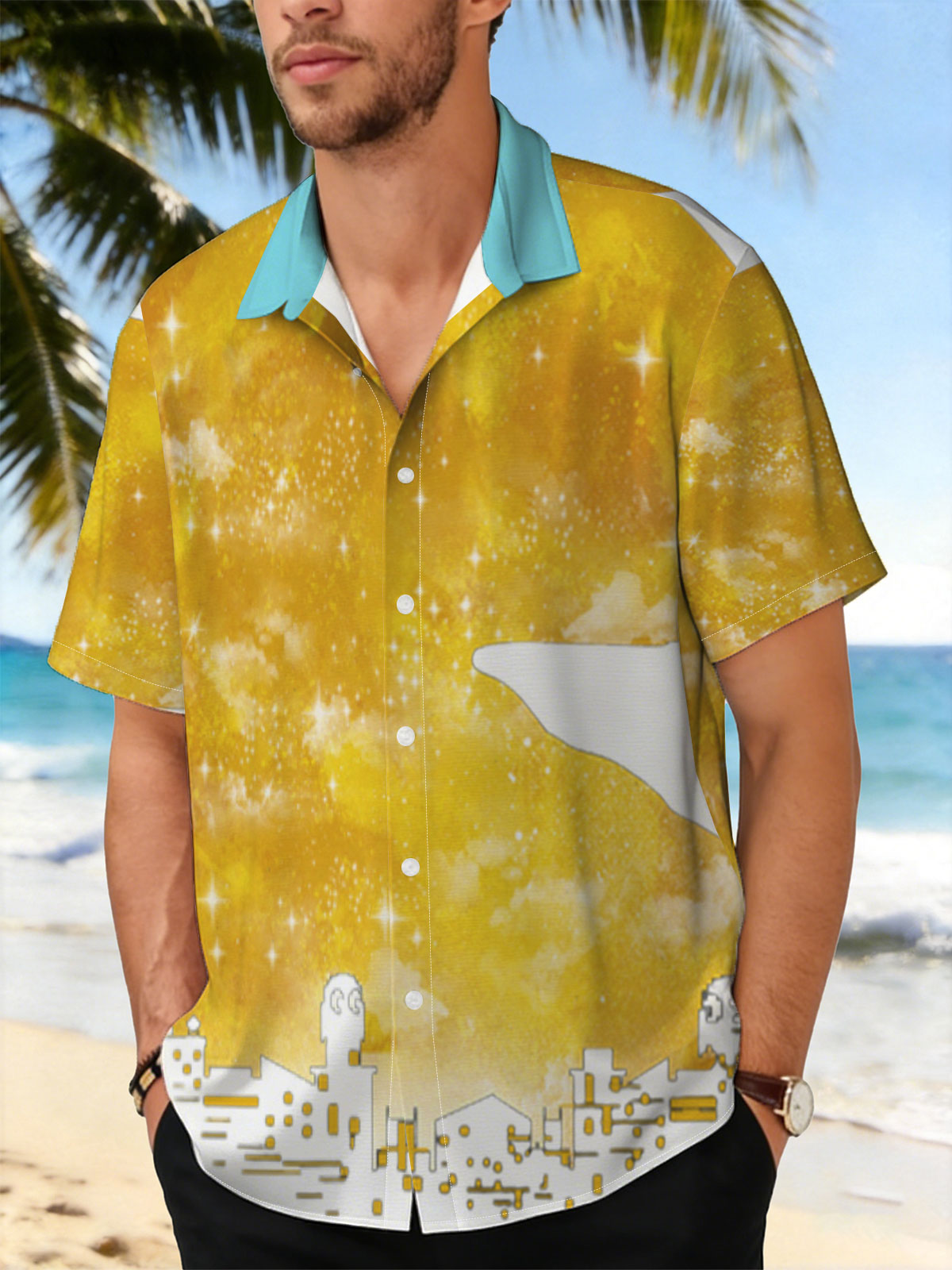 City Silhouettes Under a Golden Moon with Starry Sky -  Shirt