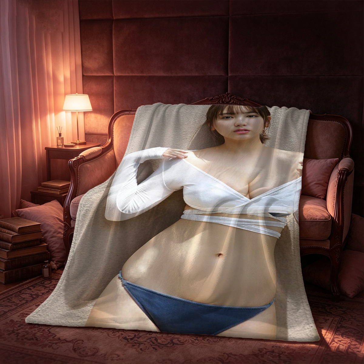Woman in white vest and black pantyhose crouching by window. - Blanket