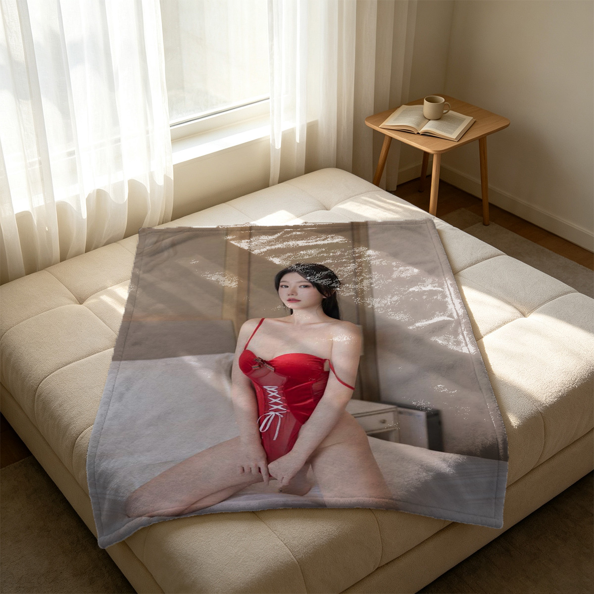 Blonde in red lingerie and black stockings riding on bed. - Blanket