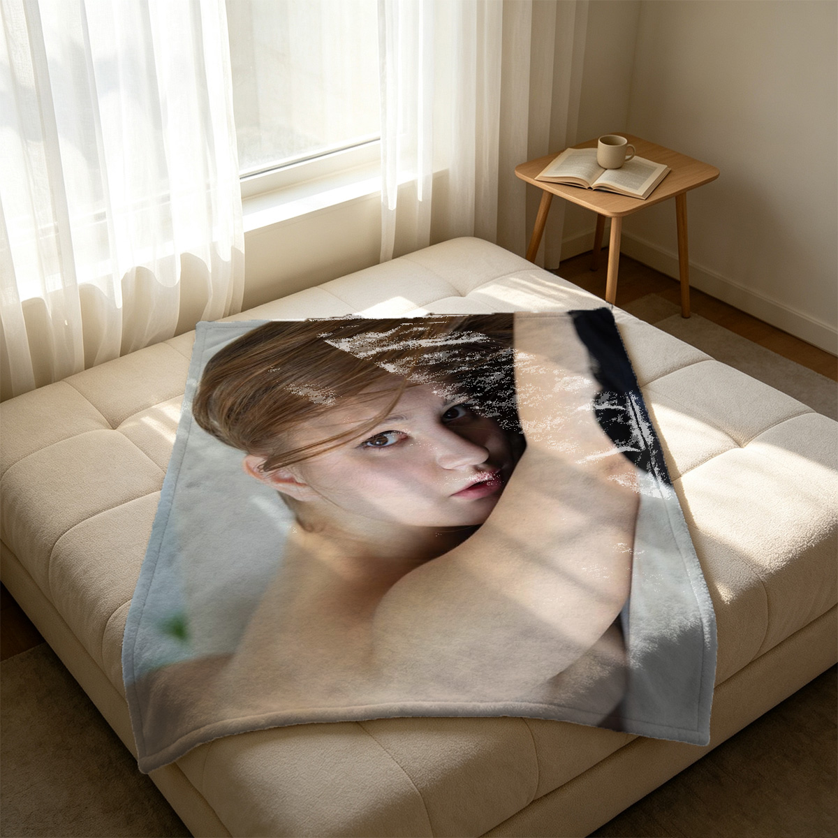 Nude woman in sheer robe posing in modern living room - Blanket