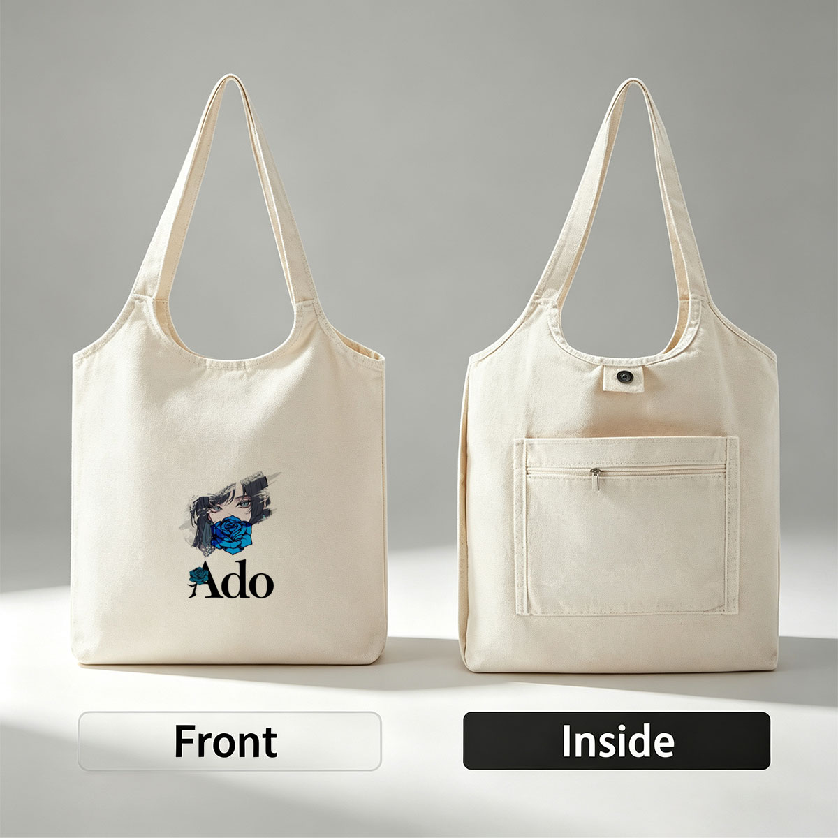 Ado in a Dramatic Portrait with Blue Rose Covering Her Mouth - Canvas shoulder bags/