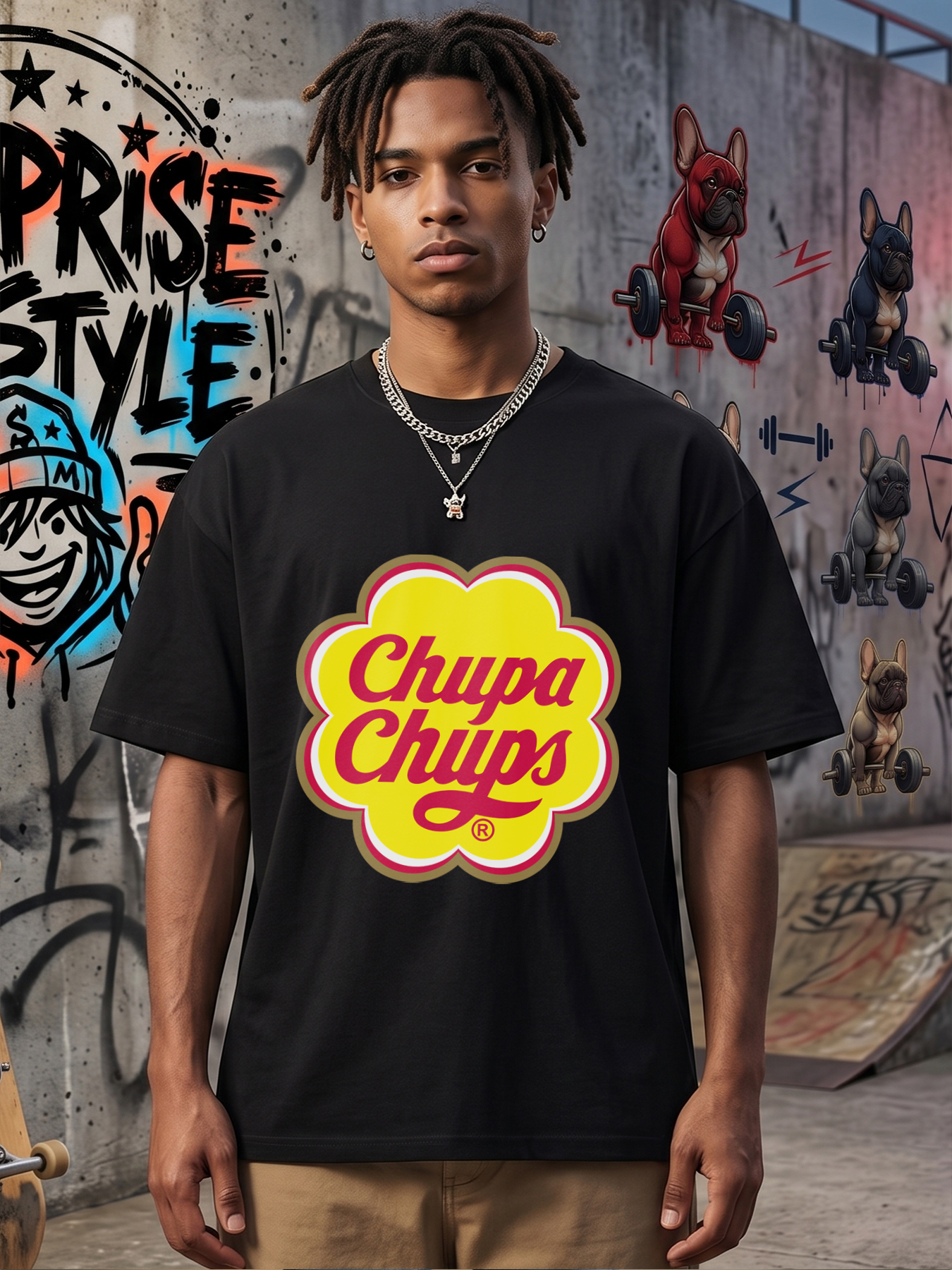 Men's Chupa Chups Logo Print T-Shirt Casual Round Neck Summer Lightweight Breathable Short Sleeve Tee for Daily Wear and Outdoor Activities Adults