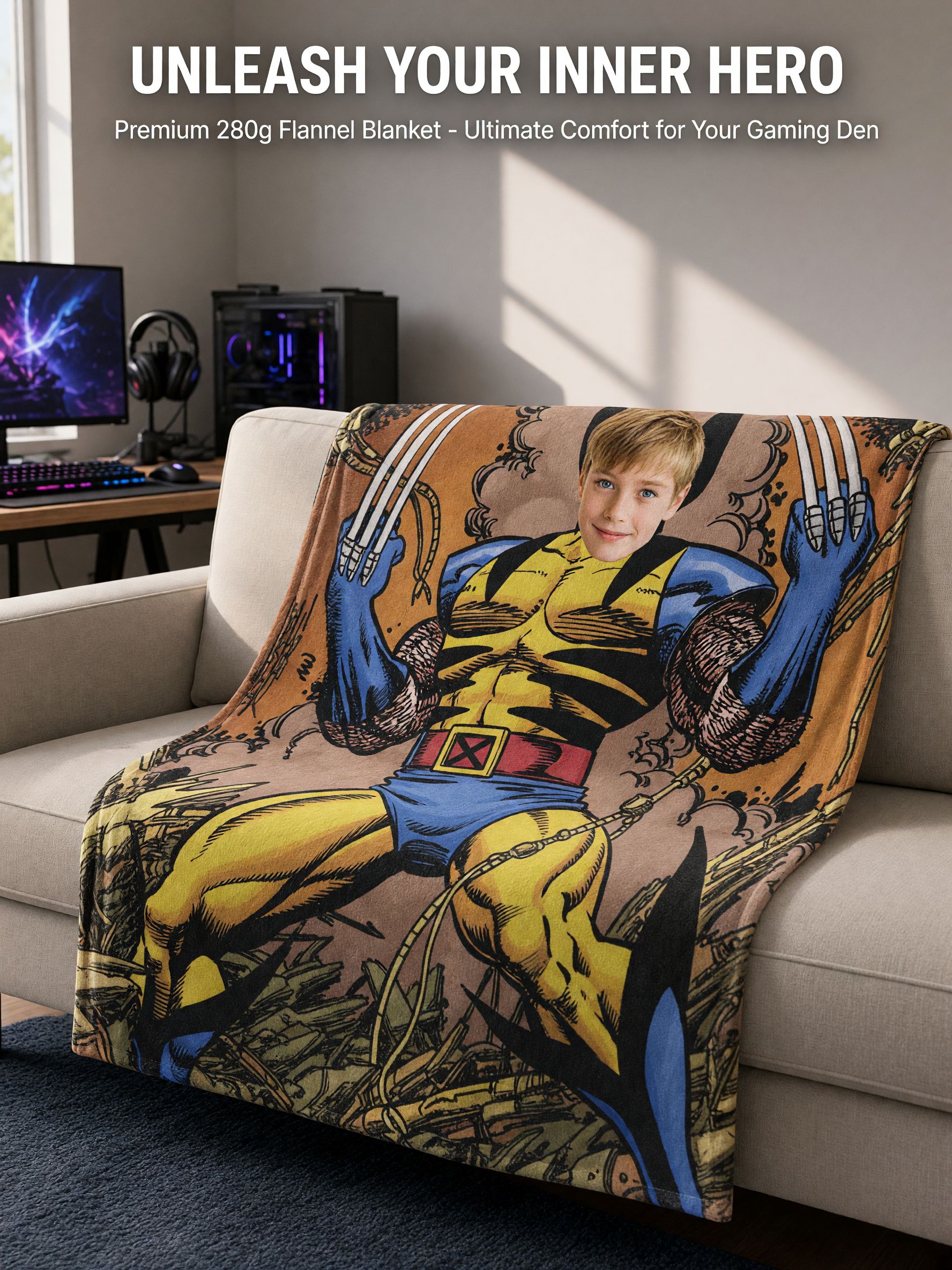 Personalized Face Superhero Throw Blanket Ultra Soft Flannel Comic Art Fleece Custom Photo Cozy Bedding Gift